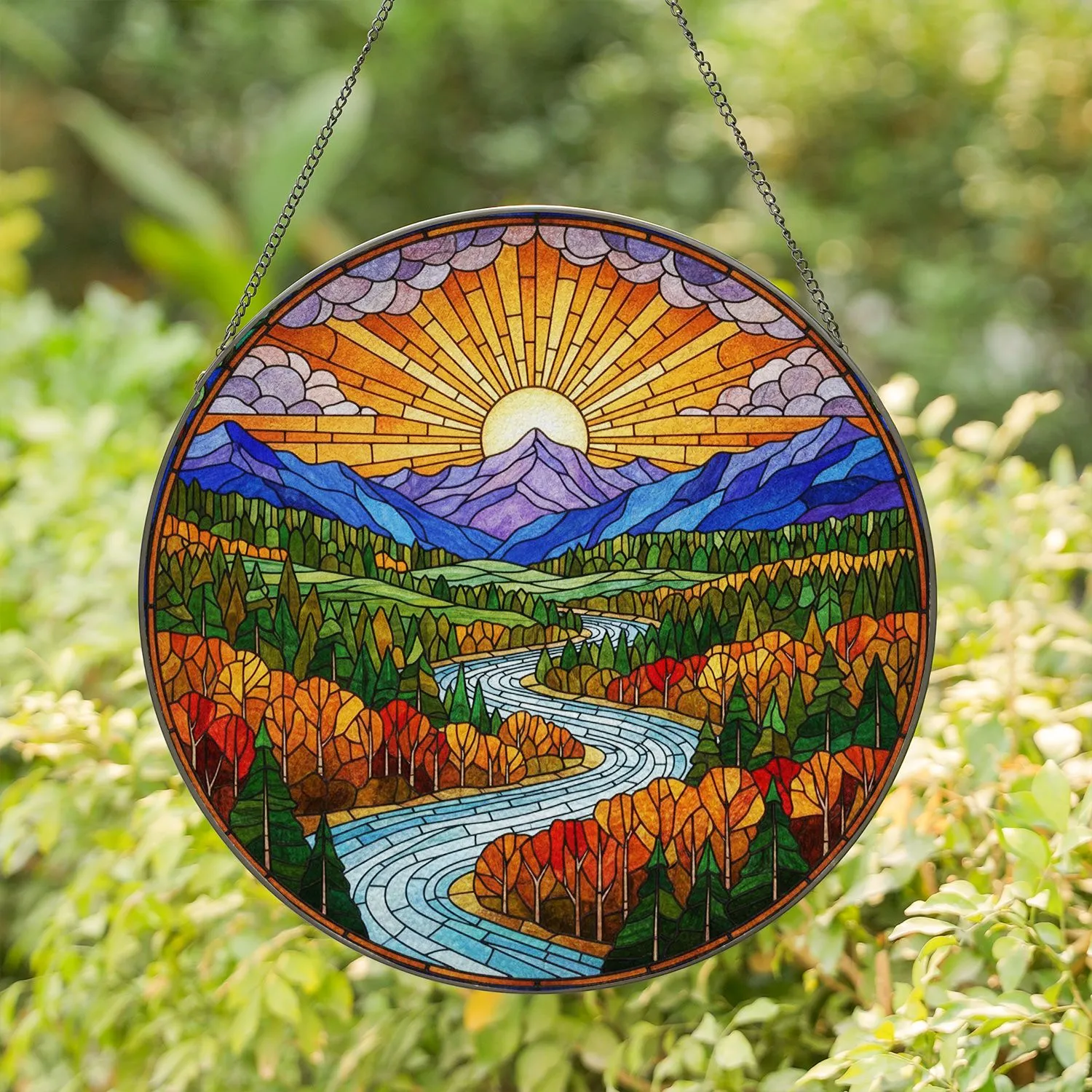 Tiffany Stained Glass Landscape River Mountain Forest Sun Moon Autumn Trees Artwork Stained Glass Suncatcher - 1