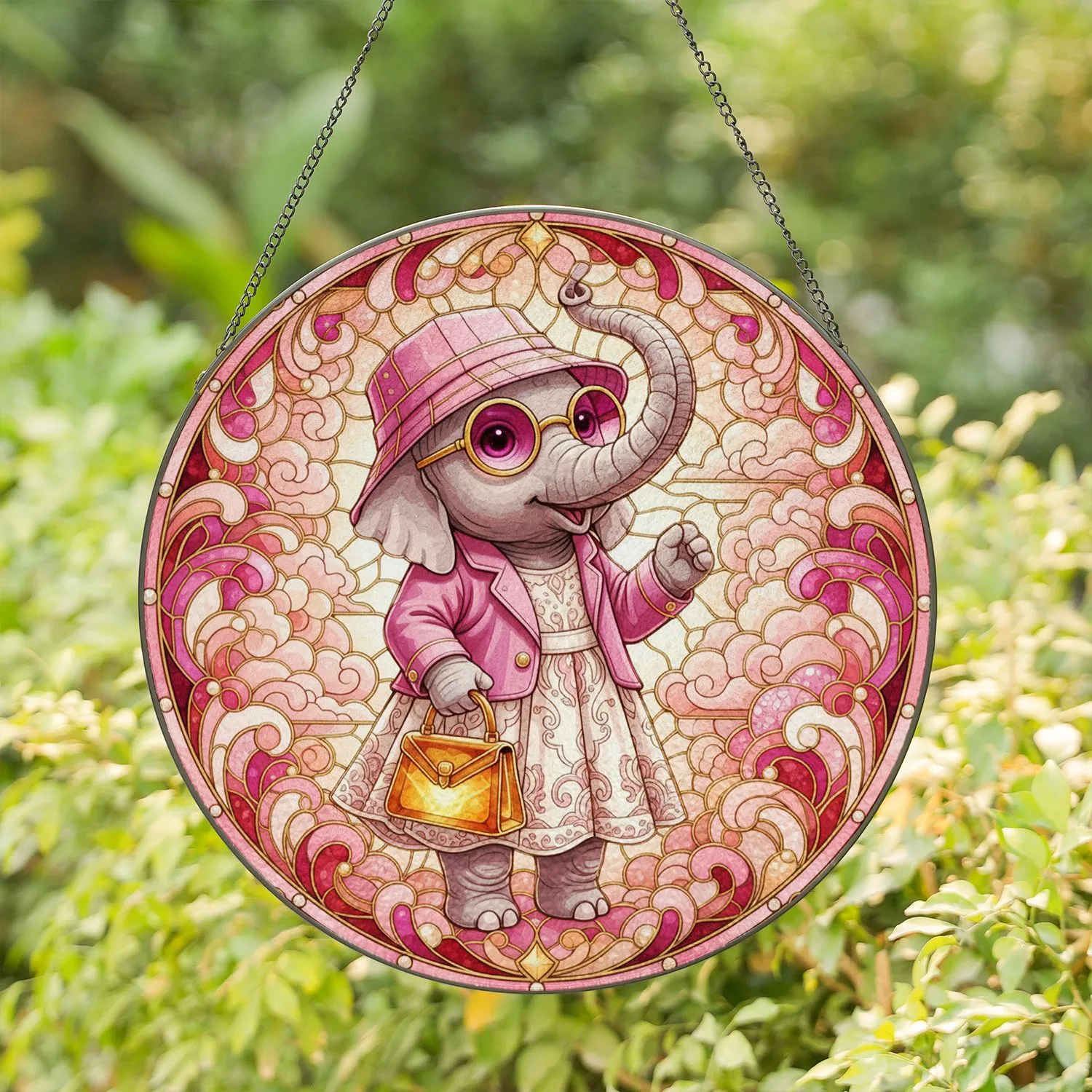 Baby Elephant in Pink Hat Spectacles Jacket Dress - Ornate Stained Glass Tiffany Style Art Stained Glass Suncatcher - 1