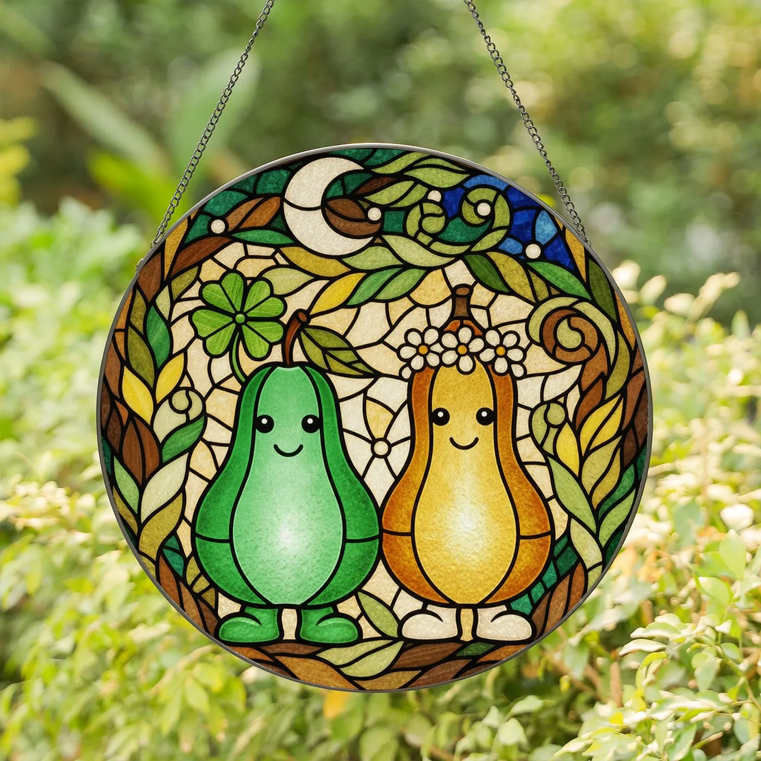 Green Pear Golden Gourd Stained Glass Art, Tiffany Clover Flower Mosaic Glowing Fruit Stained Glass Suncatcher - 1