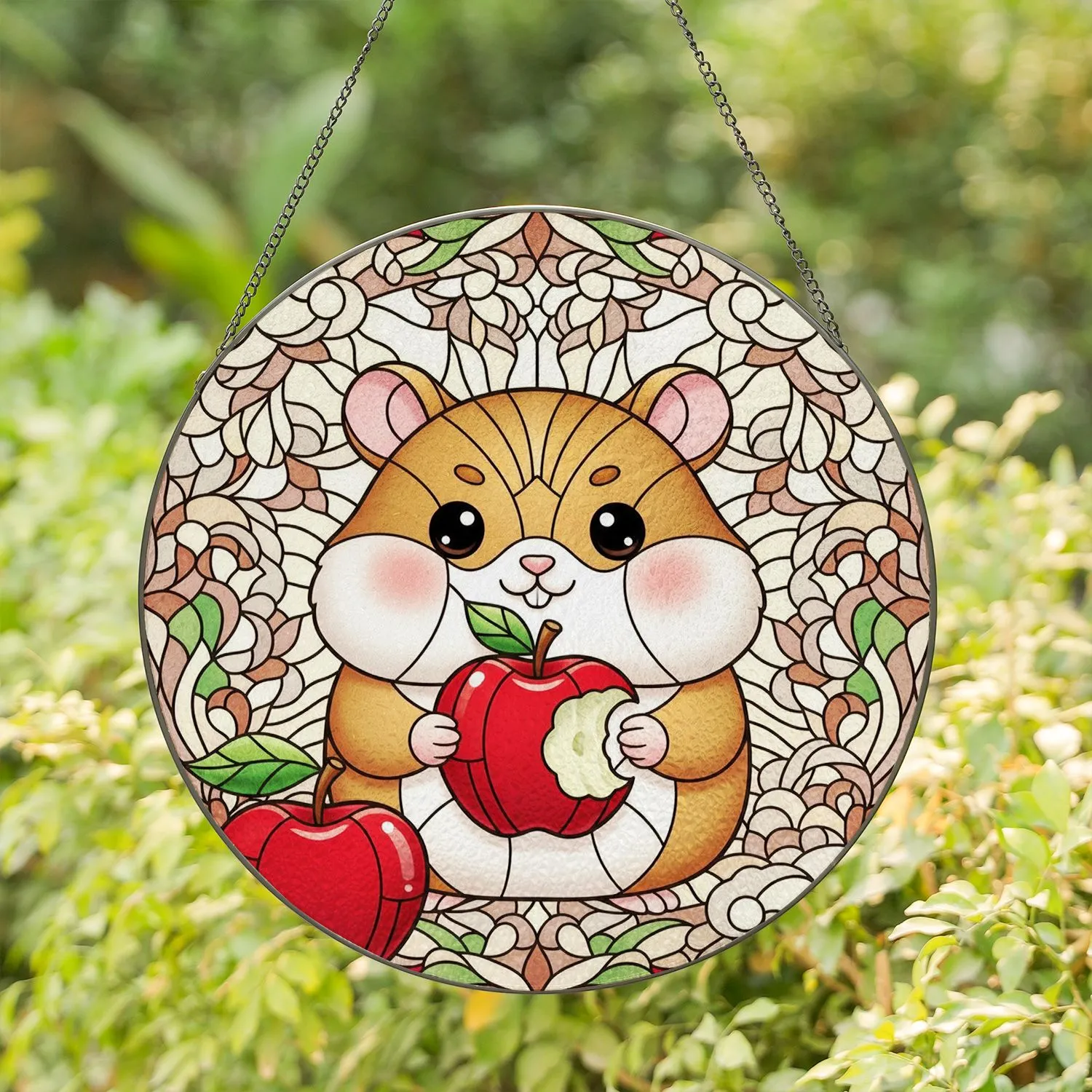 Cartoon Hamster Red Apple Tiffany Stained Glass - Botanical Mosaic Art Decor Stained Glass Suncatcher - 1