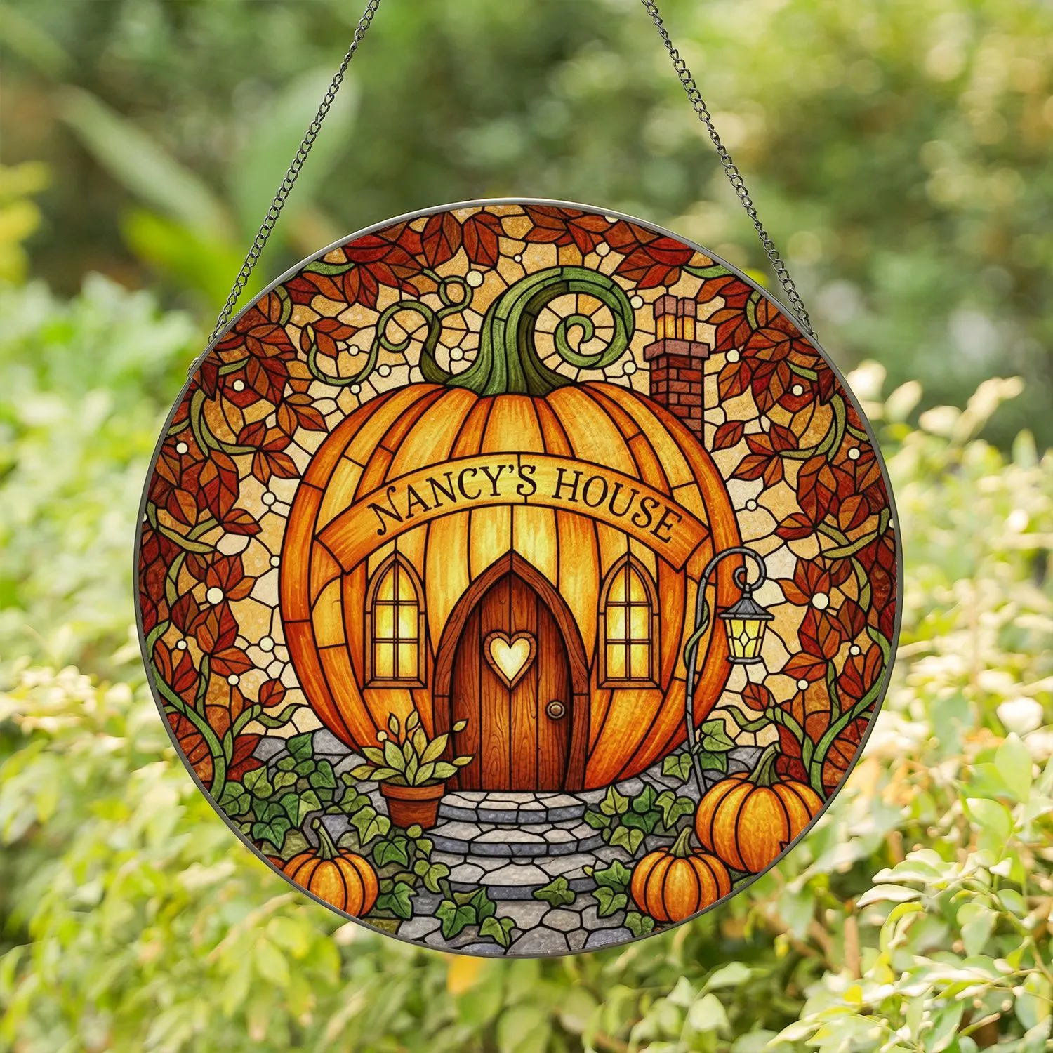 Tiffany Style Stained Glass Glowing Pumpkin Cottage 'Nancy's House' Autumn Leaves Decoration Stained Glass Suncatcher - 1