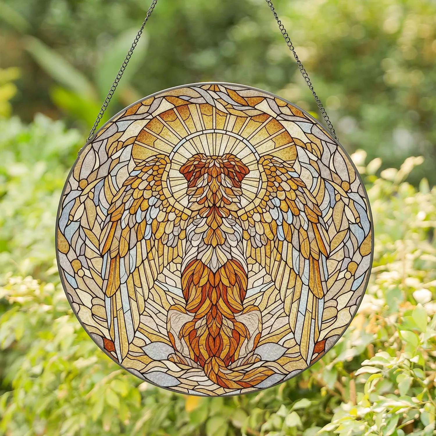 Sitting Dog Angel Wings Tiffany Stained Glass Art - Celestial Feather Halo Decor Stained Glass Suncatcher - 1