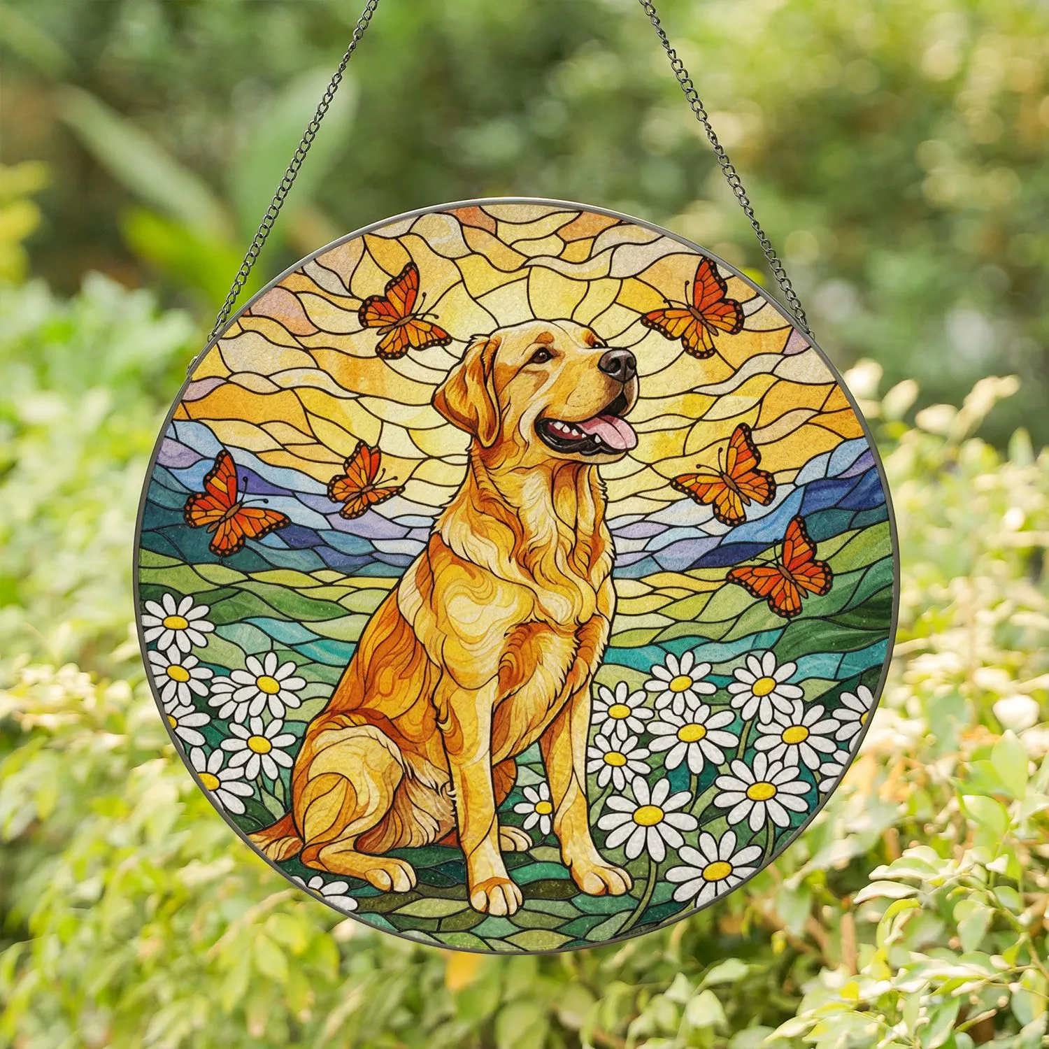 Golden Labrador Retriever Dog Stained Glass with Orange Butterflies & White Daisies Stained Glass Suncatcher - 1