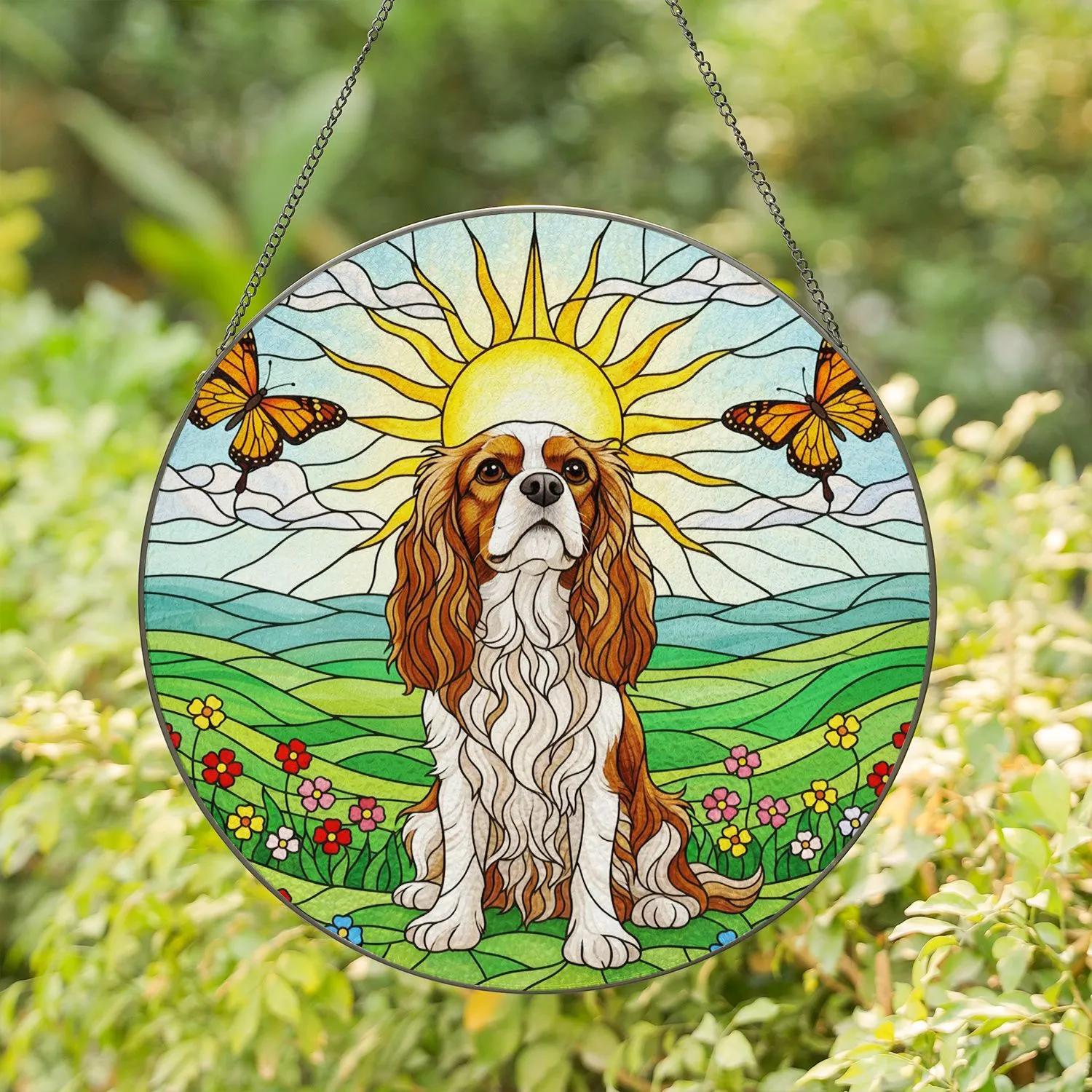 Cavalier King Charles Spaniel Tiffany Stained Glass Sun Butterfly Wildflower Meadow Stained Glass Suncatcher - 1