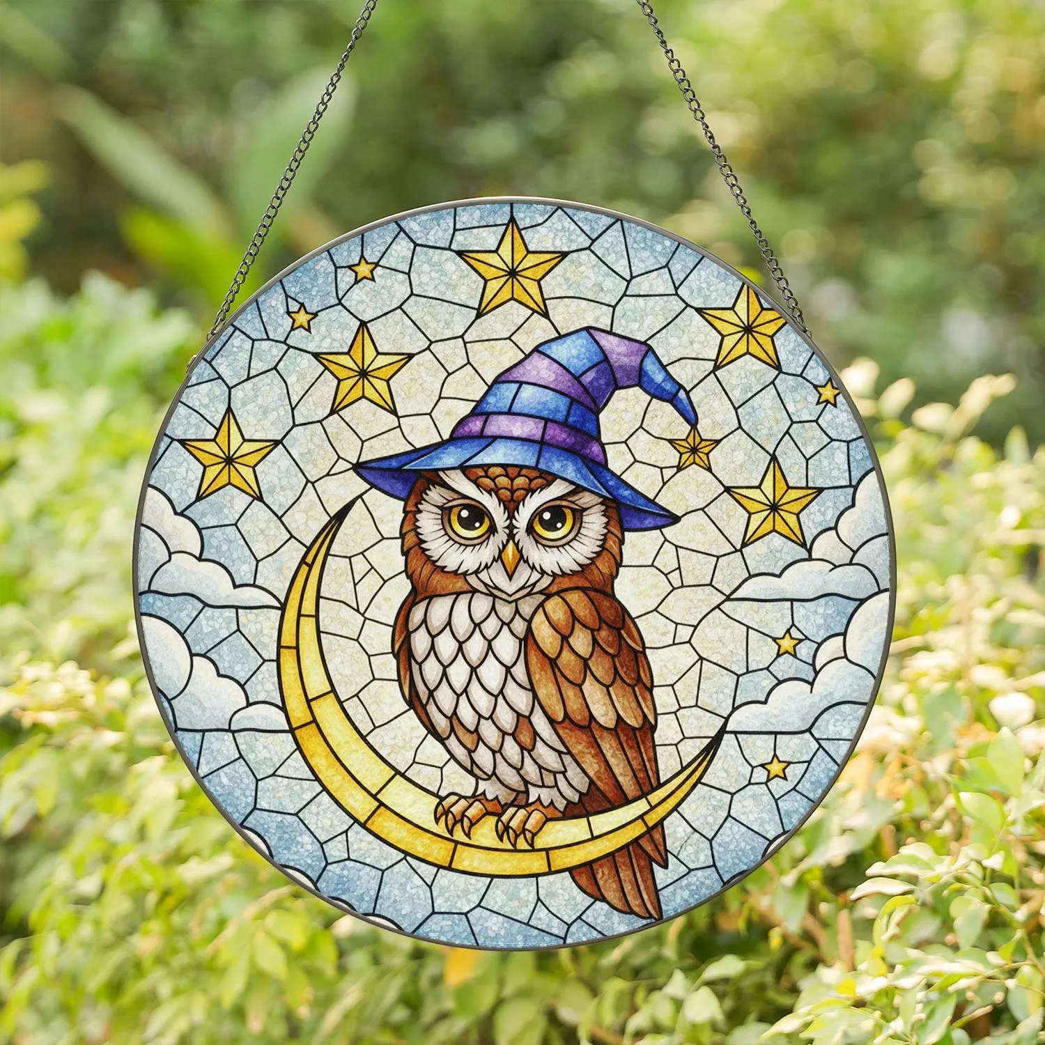 Tiffany Stained Glass Owl Wizard Hat - Golden Moon Stars Celestial Sky Art Decor Stained Glass Suncatcher - 1