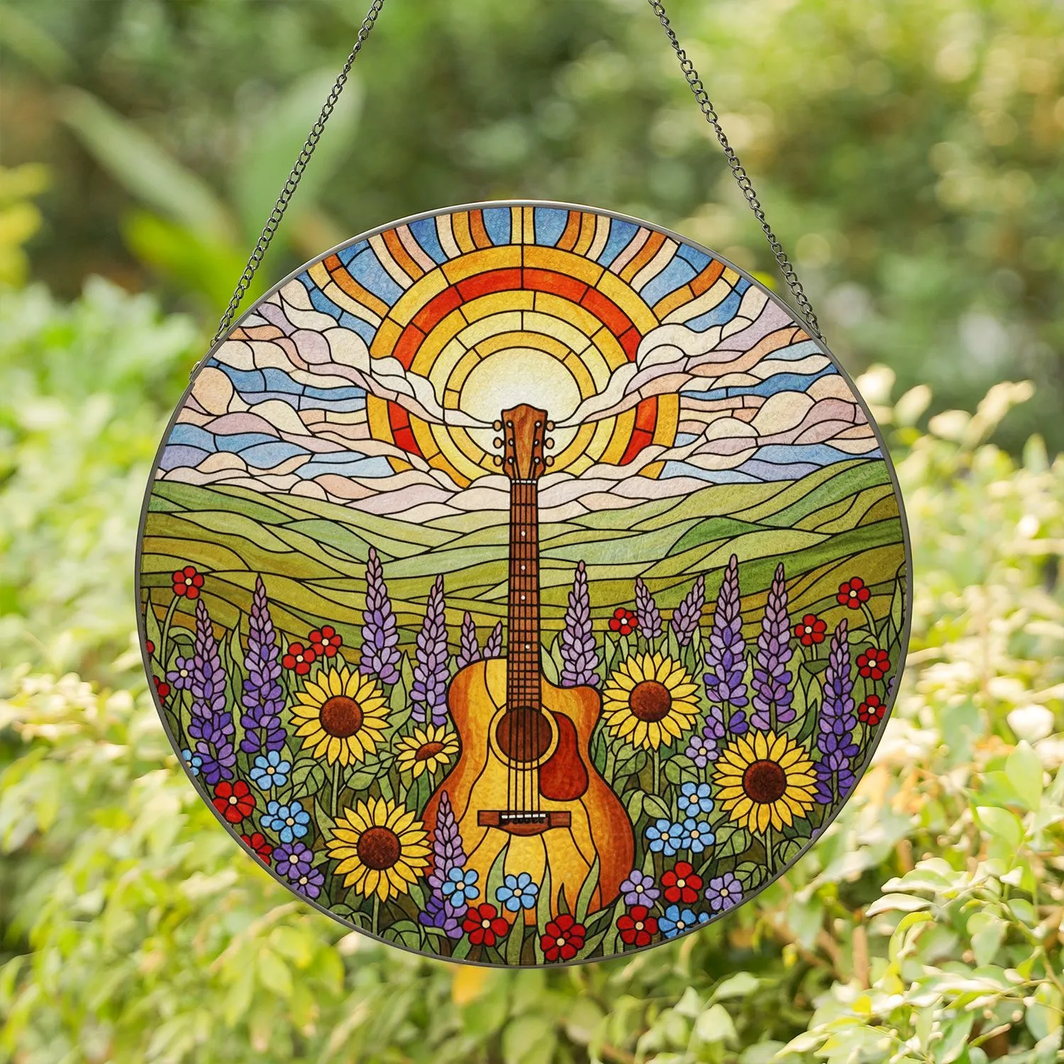 Acoustic Guitar Wildflower Field Tiffany Glass Art - Rising Sun & Rolling Hills Nature Scene Stained Glass Suncatcher - 1