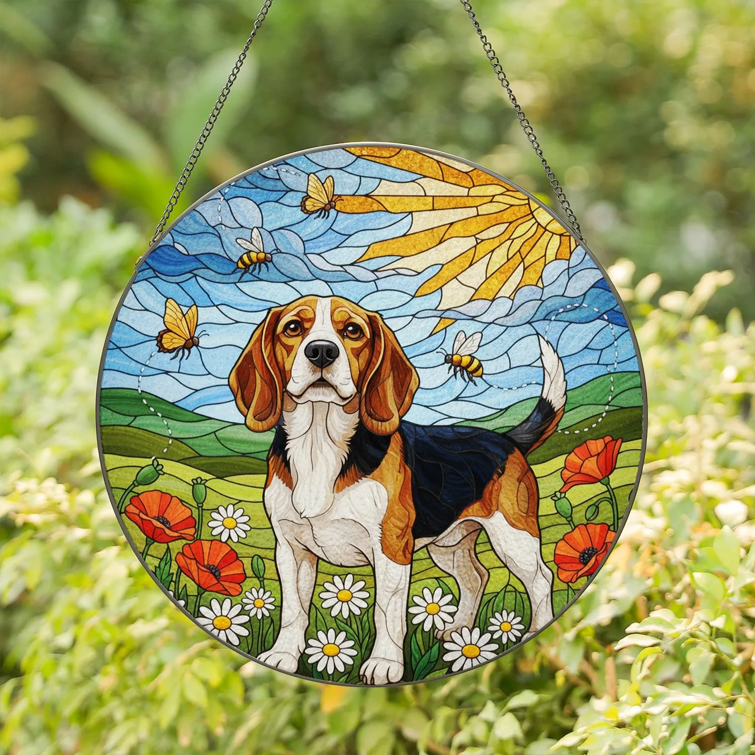 Inquisitive Tricolor Beagle Dog Stained Glass Art with Daisies, Poppies, Bees & Butterflies Stained Glass Suncatcher - 1