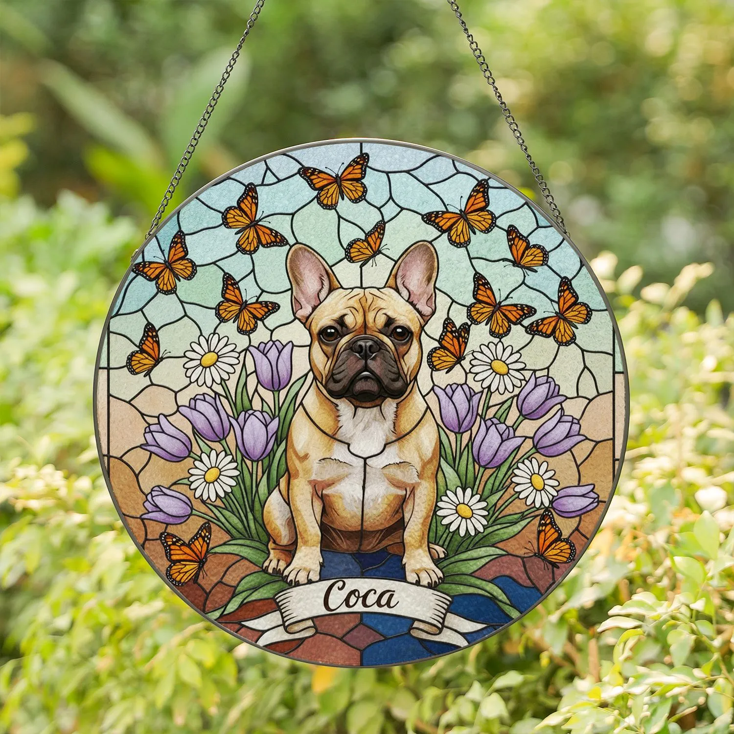 Fawn French Bulldog 'Coca' Stained Glass Butterfly Daisy Tulips Art Home Decor Gift Stained Glass Suncatcher - 1