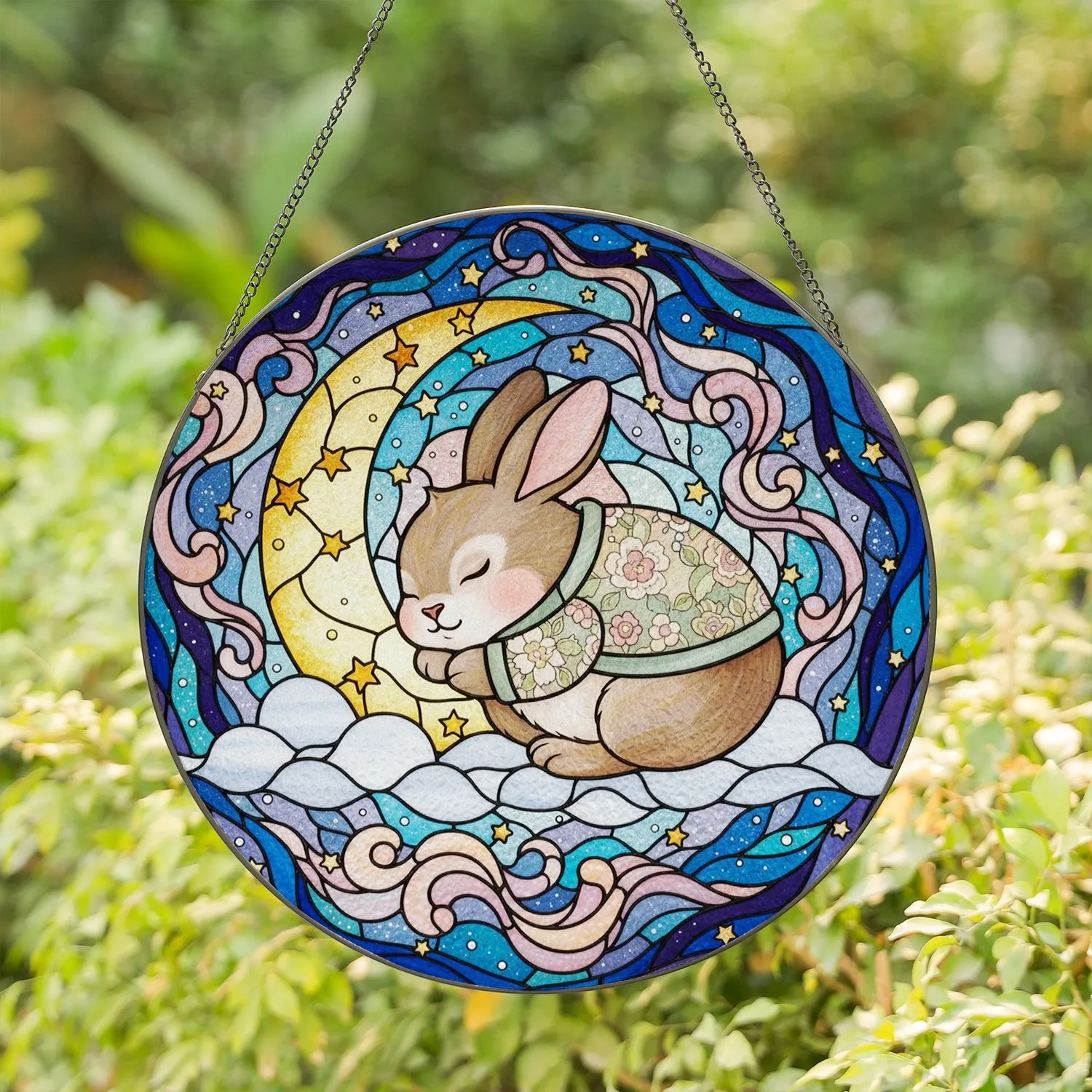 Sleeping Rabbit Golden Moon Tiffany Stained Glass Night Sky Jewel Tone Celestial Art Stained Glass Suncatcher - 1