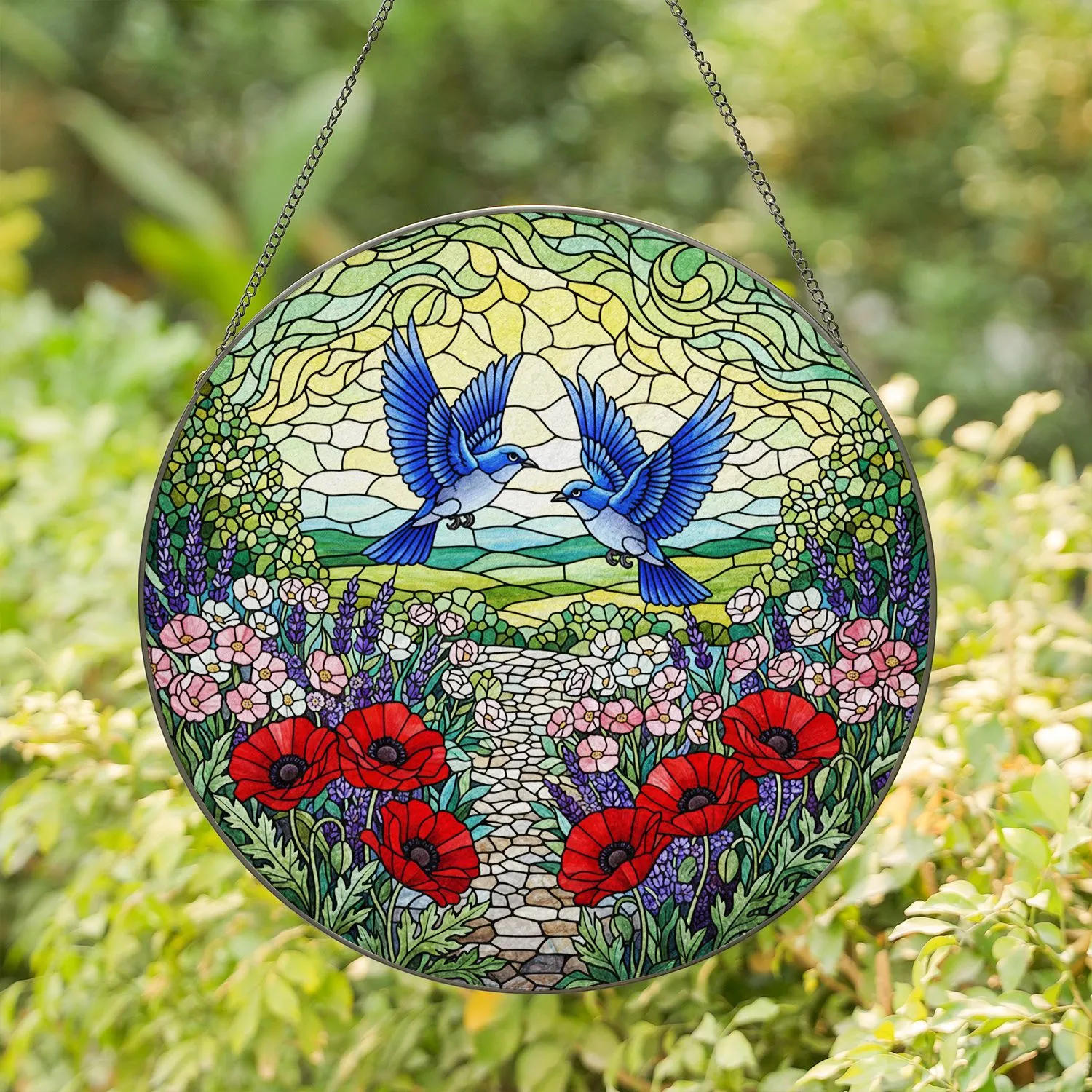 Bluebirds Stained Glass Garden Art - Tiffany Style Poppies & Lavender Floral Gift Stained Glass Suncatcher - 1