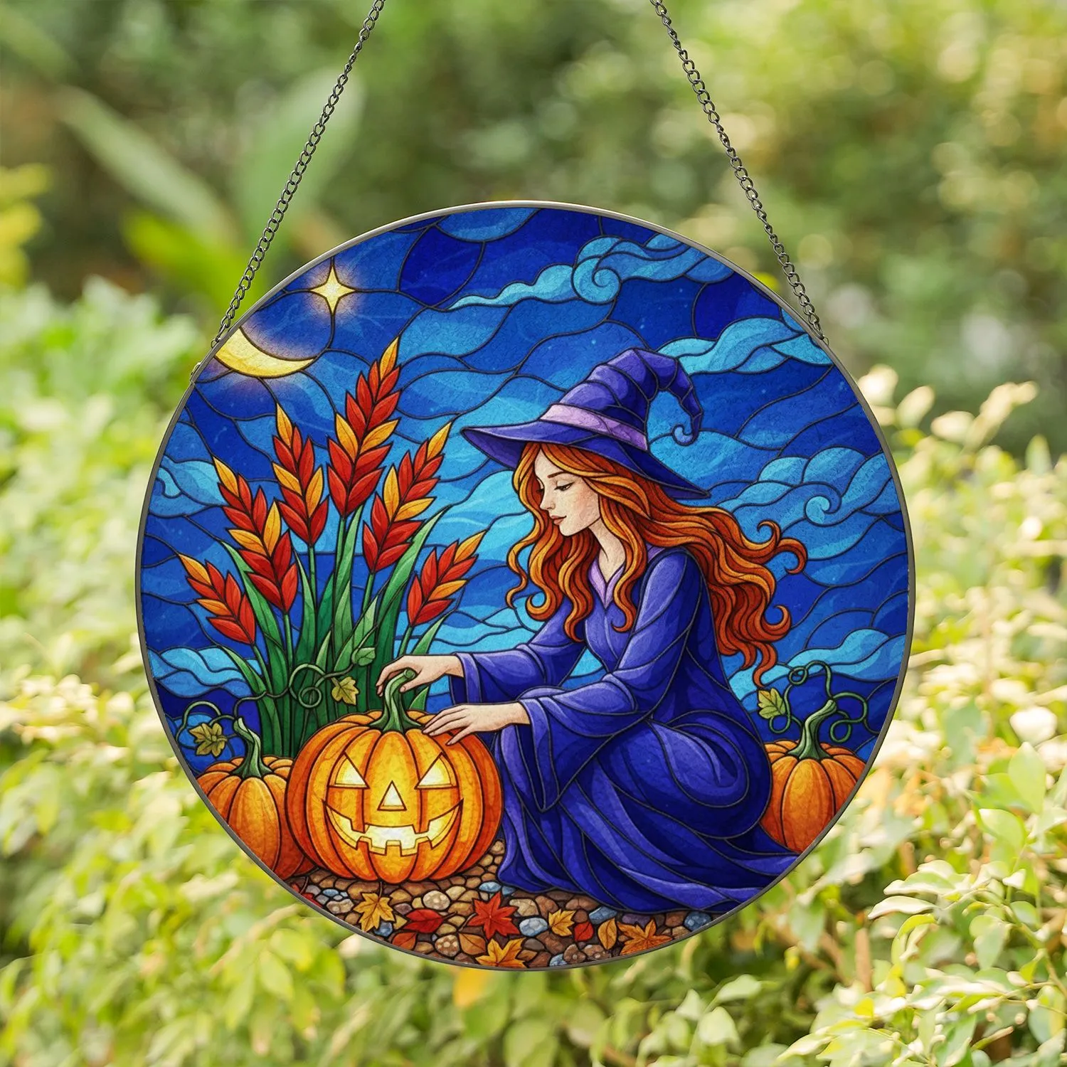 Young Witch Glowing Pumpkin Jack-o'-lantern Autumn Nocturnal Tiffany Glass Halloween Decor Stained Glass Suncatcher - 1