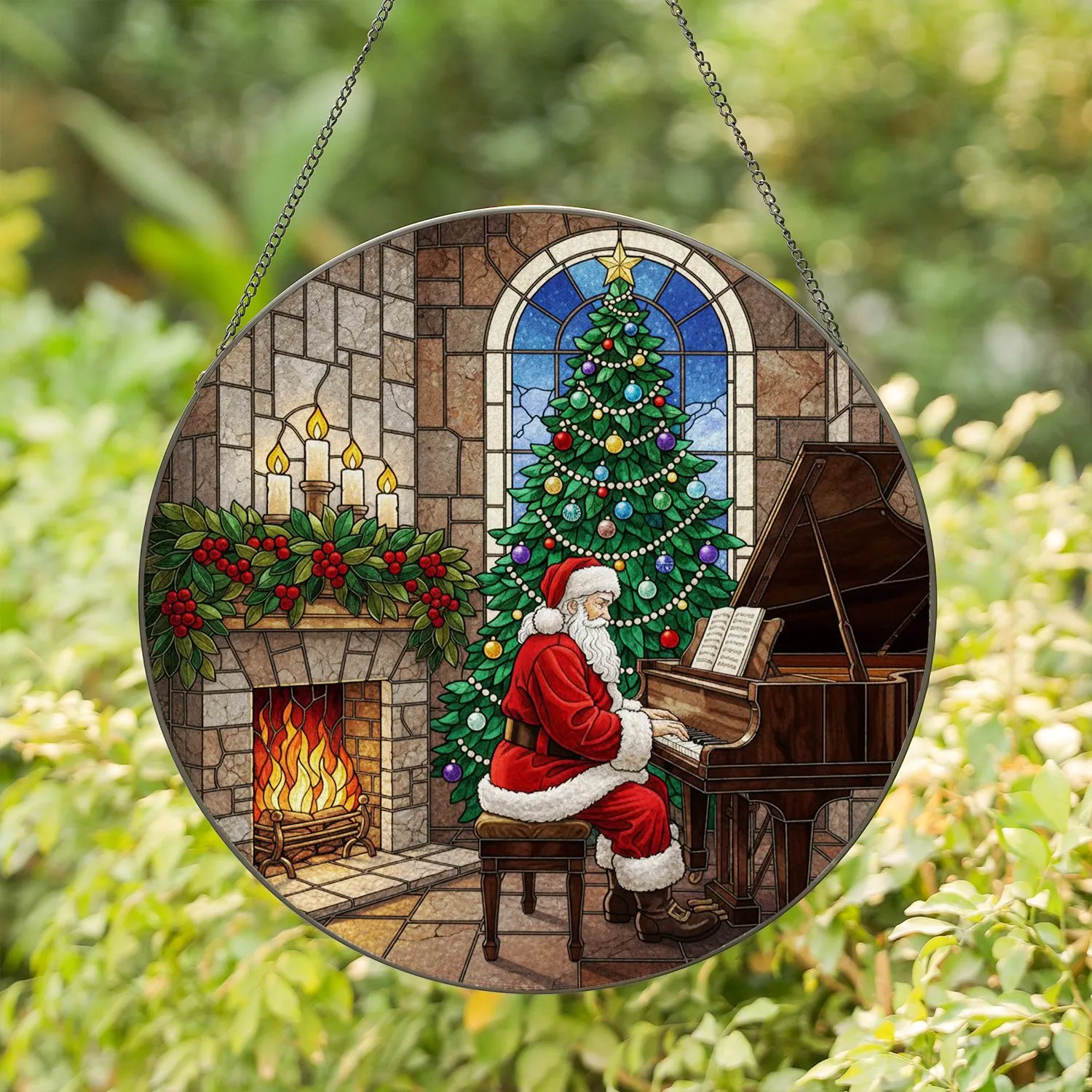 Santa Claus Playing Piano Christmas Tree Fireplace - Tiffany Stained Glass Holiday Decor Stained Glass Suncatcher - 1