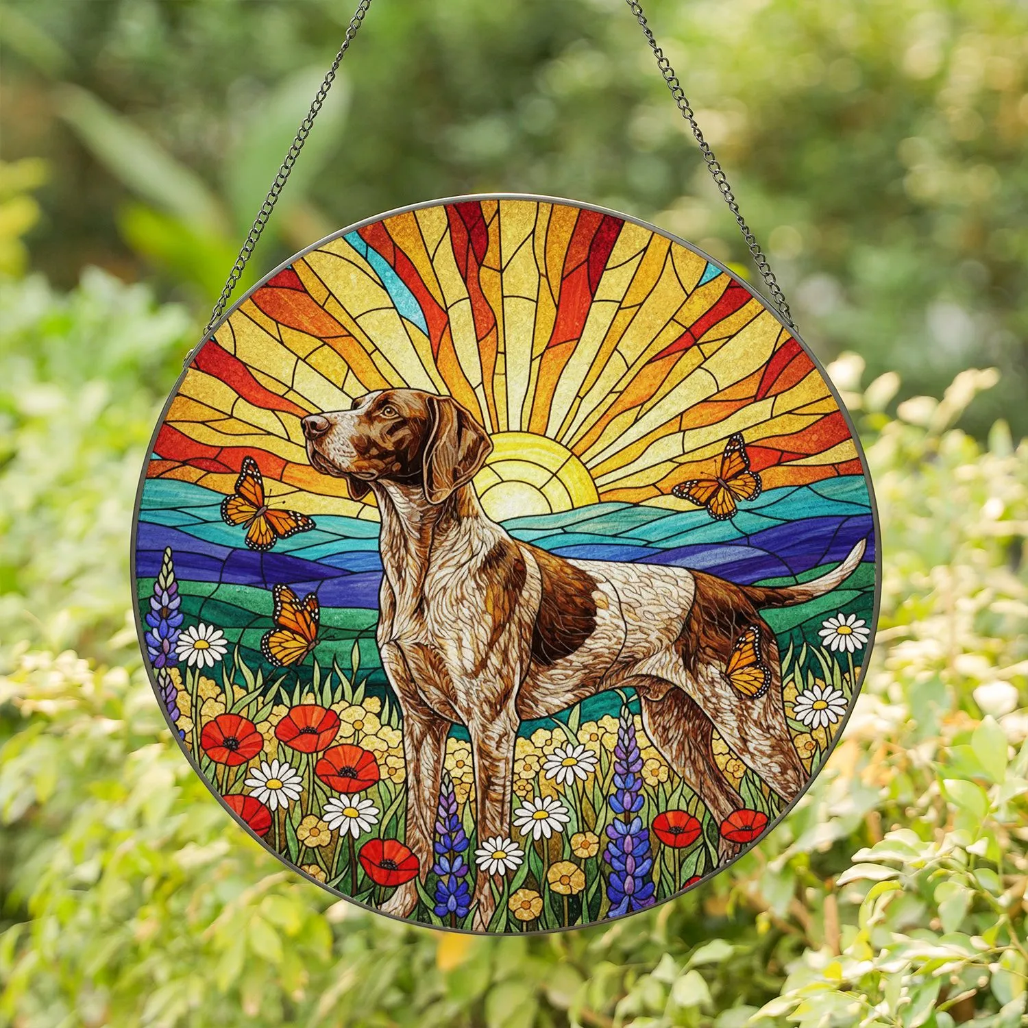 German Shorthaired Pointer Stained Glass Tiffany Style Wildflowers Monarch Butterflies Dog Lover Gift Stained Glass Suncatcher - 1
