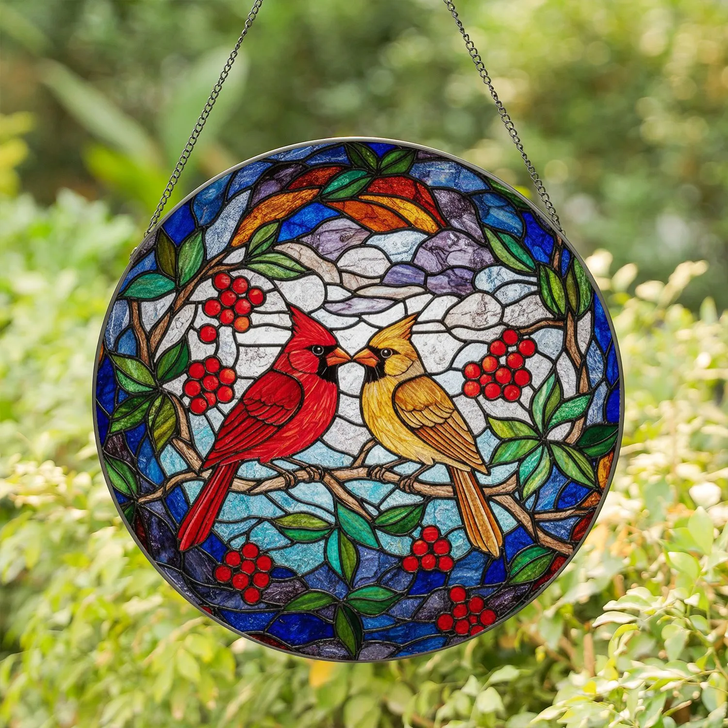 Tiffany Stained Glass Cardinal Birds Kissing Beaks Red Yellow Berries Leaves Mosaic Pattern Stained Glass Suncatcher - 1