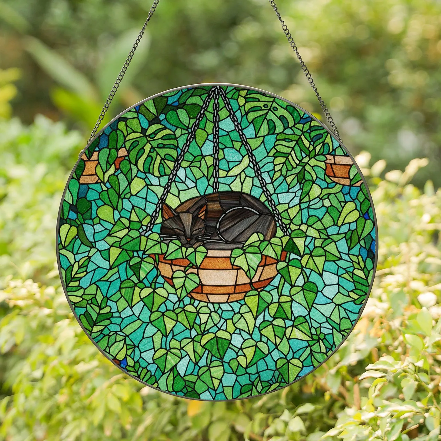 Black Cat Sleeping Hanging Pot Ivy Leaves Tiffany Stained Glass Window Decor Stained Glass Suncatcher - 1