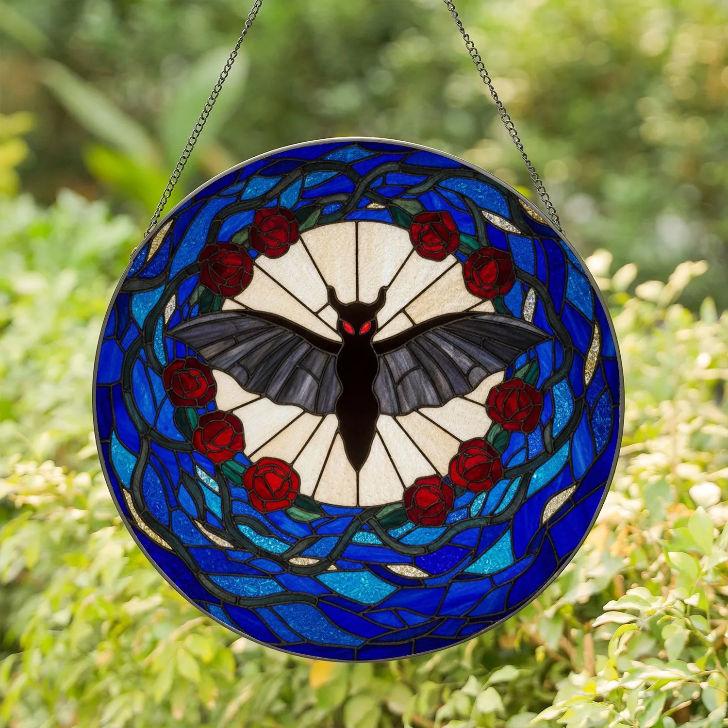 Mothman Humanoid Horns Wings Full Moon Ornate Roses Winding Thorny Vines Art Stained Glass Suncatcher - 1
