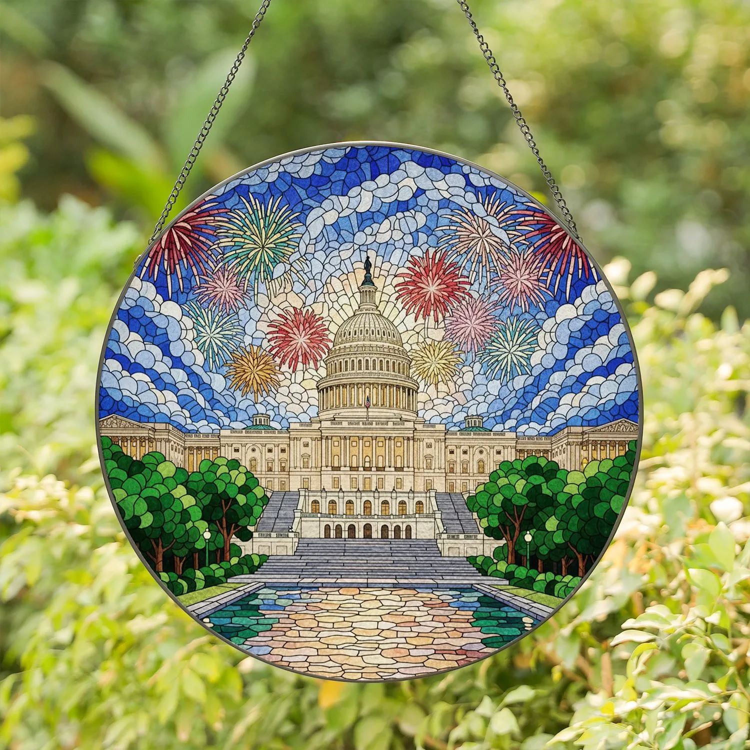 US Capitol Building Stained Glass Fireworks - Dramatic Night Sky Reflecting Pool Art Stained Glass Suncatcher - 1