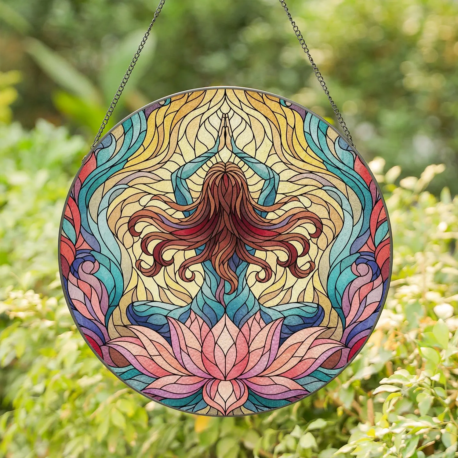 Tiffany Style Stained Glass Woman Lotus Yoga Pose - Meditative Swirling Jewel Tone Mosaic Art Stained Glass Suncatcher - 1