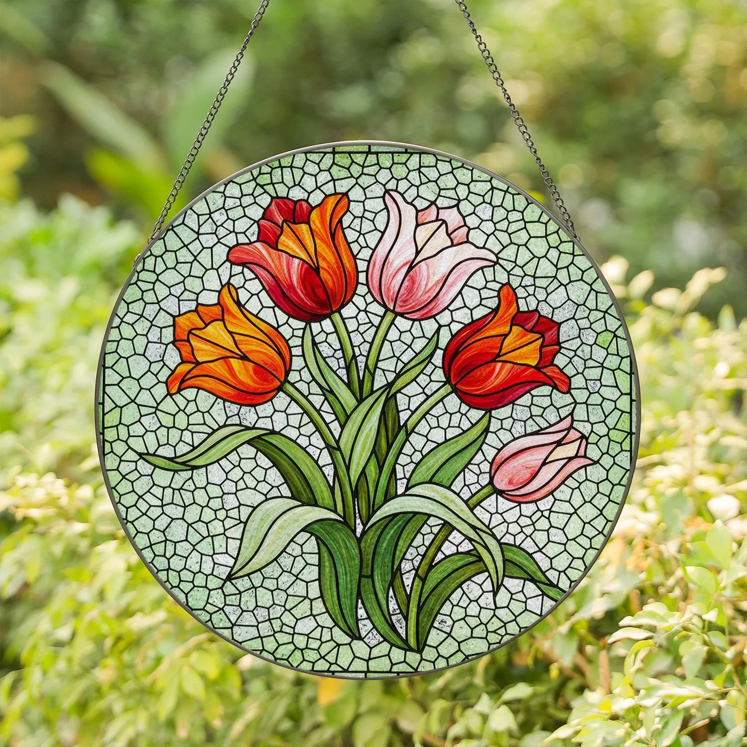 Stained Glass Tulips Floral Bouquet Tiffany Style Art - Mosaic Green Leaves Daylight Decor Stained Glass Suncatcher - 1