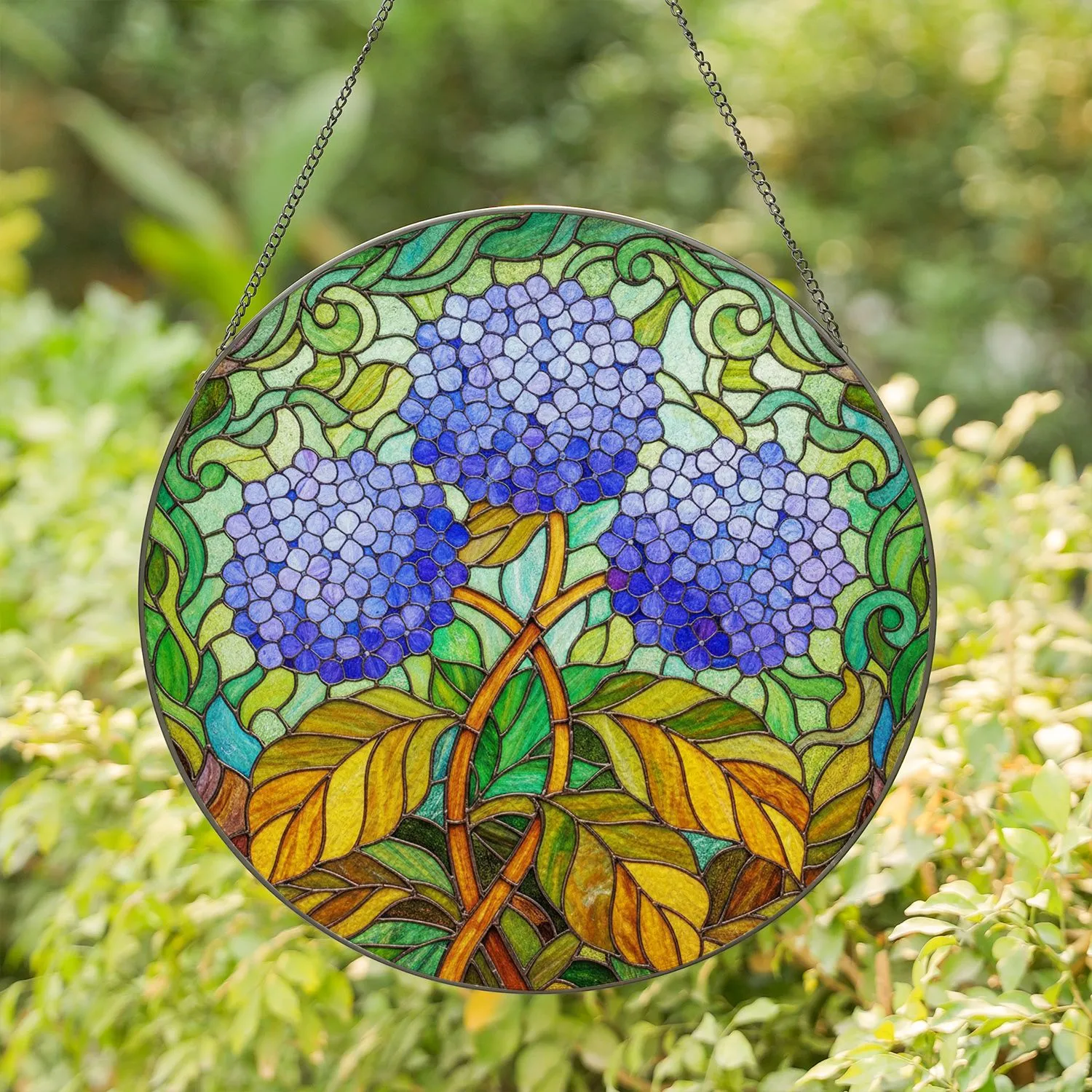 Stained Glass Hydrangea Flowers Variegated Leaves - Tiffany Style Art Decor Gift Stained Glass Suncatcher - 1