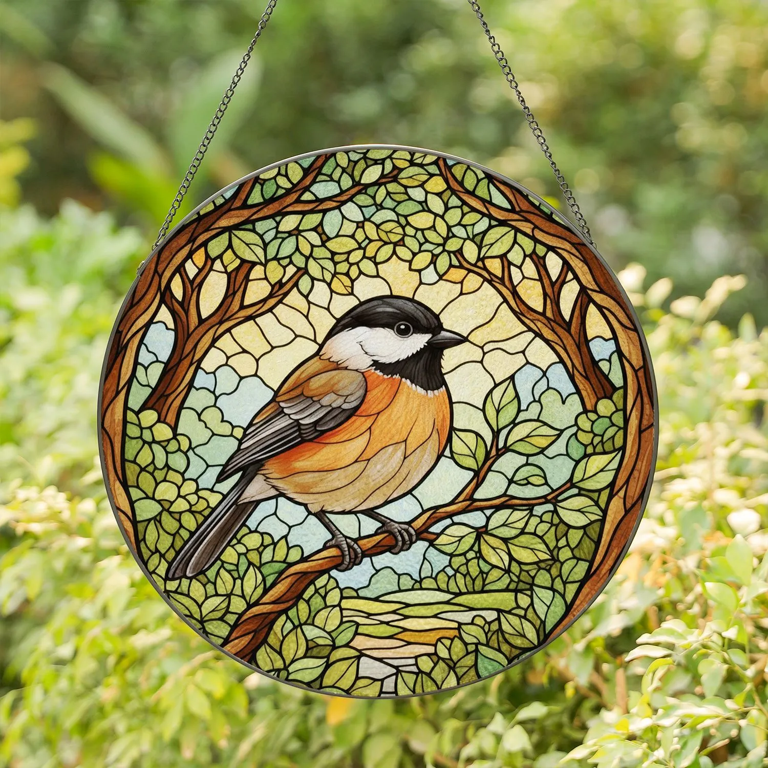 Chubby Chickadee Songbird Stained Glass Mosaic Branch Art - Tiffany Jewel Tone Decor Stained Glass Suncatcher - 1