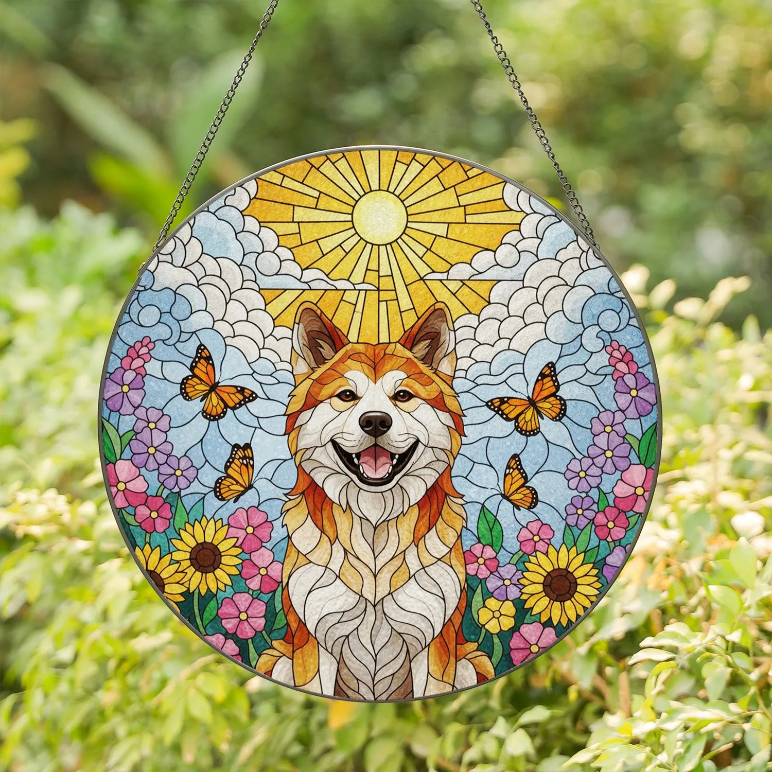 Happy Akita Dog Wildflower Butterfly Sky Sun Tiffany Stained Glass - Dog Lover Gift Stained Glass Suncatcher - 1