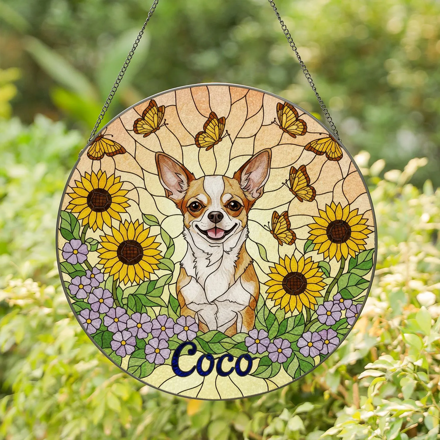 Chihuahua Coco Dog Stained Glass Butterflies Sunflowers Tiffany Style Art Mosaic Sky Stained Glass Suncatcher - 1