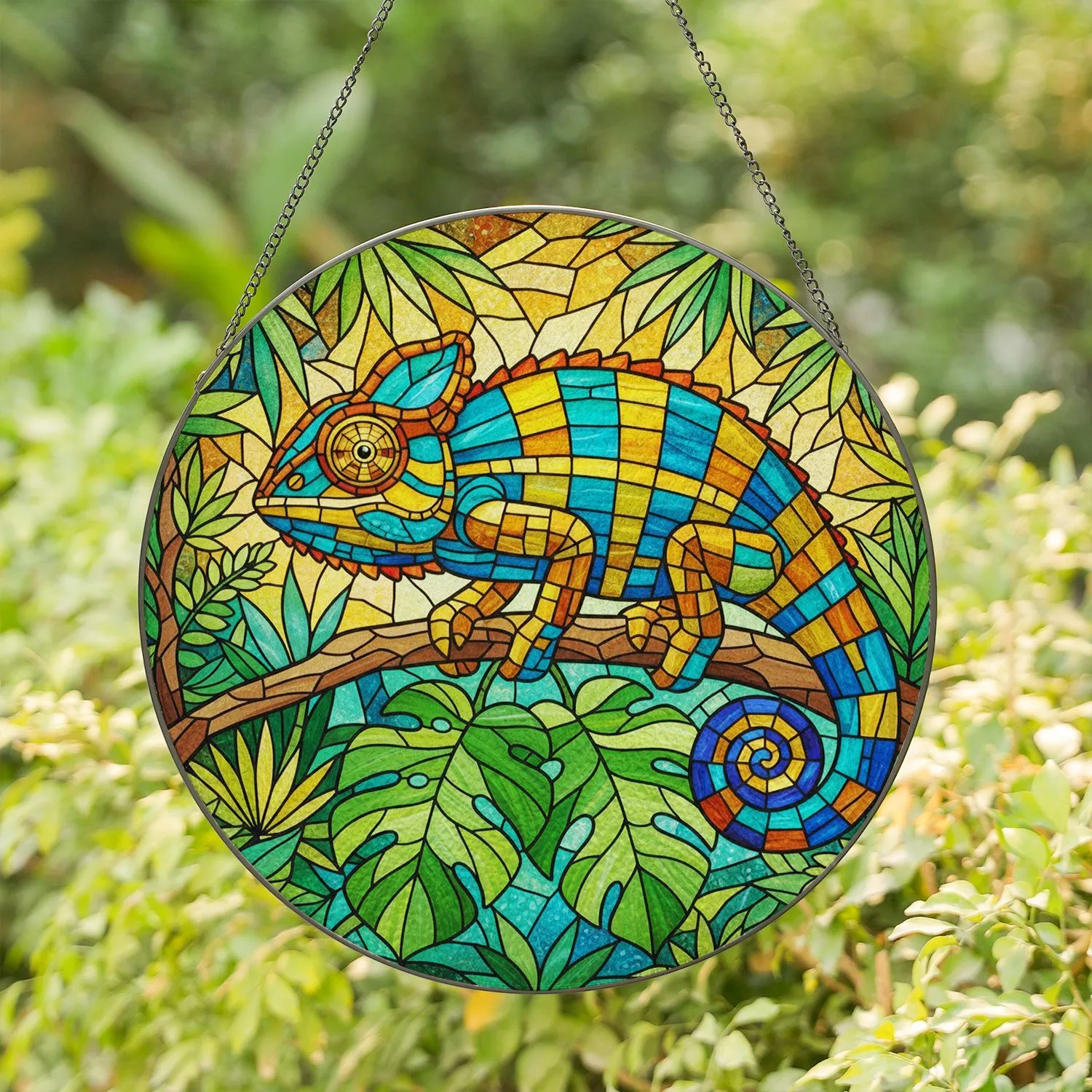 Tiffany Style Stained Glass Chameleon with Expressive Eye - Tropical Jungle Mosaic Art Stained Glass Suncatcher - 1