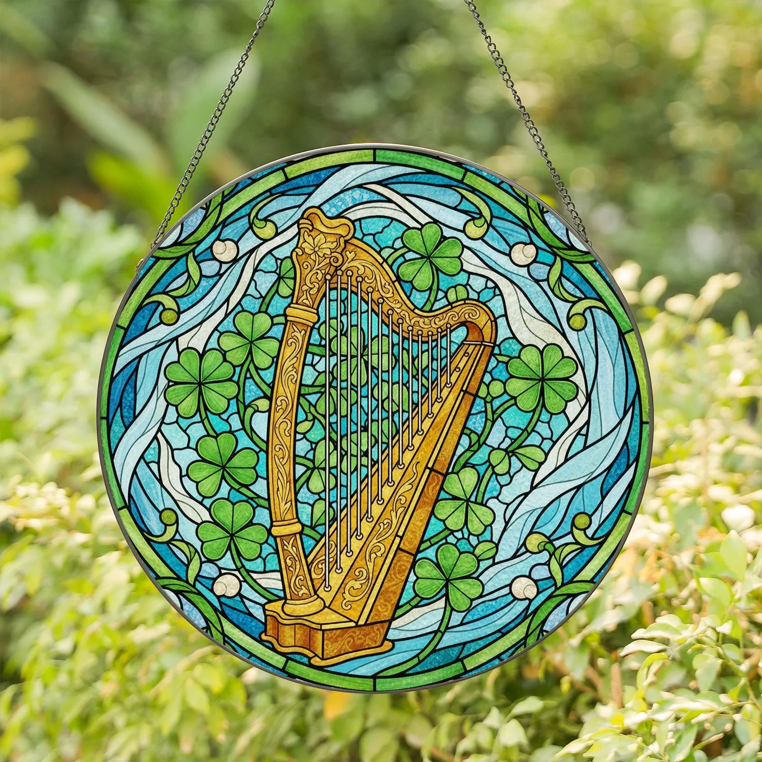 Golden Celtic Harp Filigree Emerald Clover Stained Glass Tiffany Mosaic Art Swirling Waves Stained Glass Suncatcher - 1