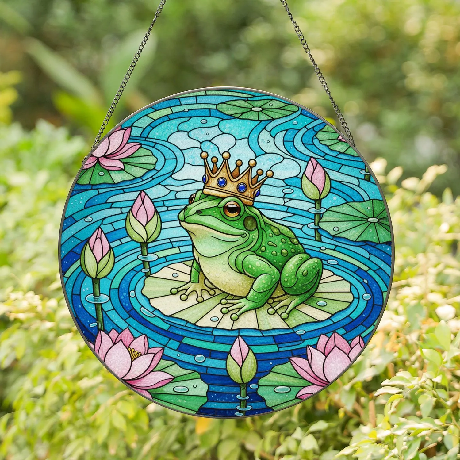 Green Frog Golden Crown Lotus Flowers Lily Pads Tiffany Glass Style Pond Decor Stained Glass Suncatcher - 1