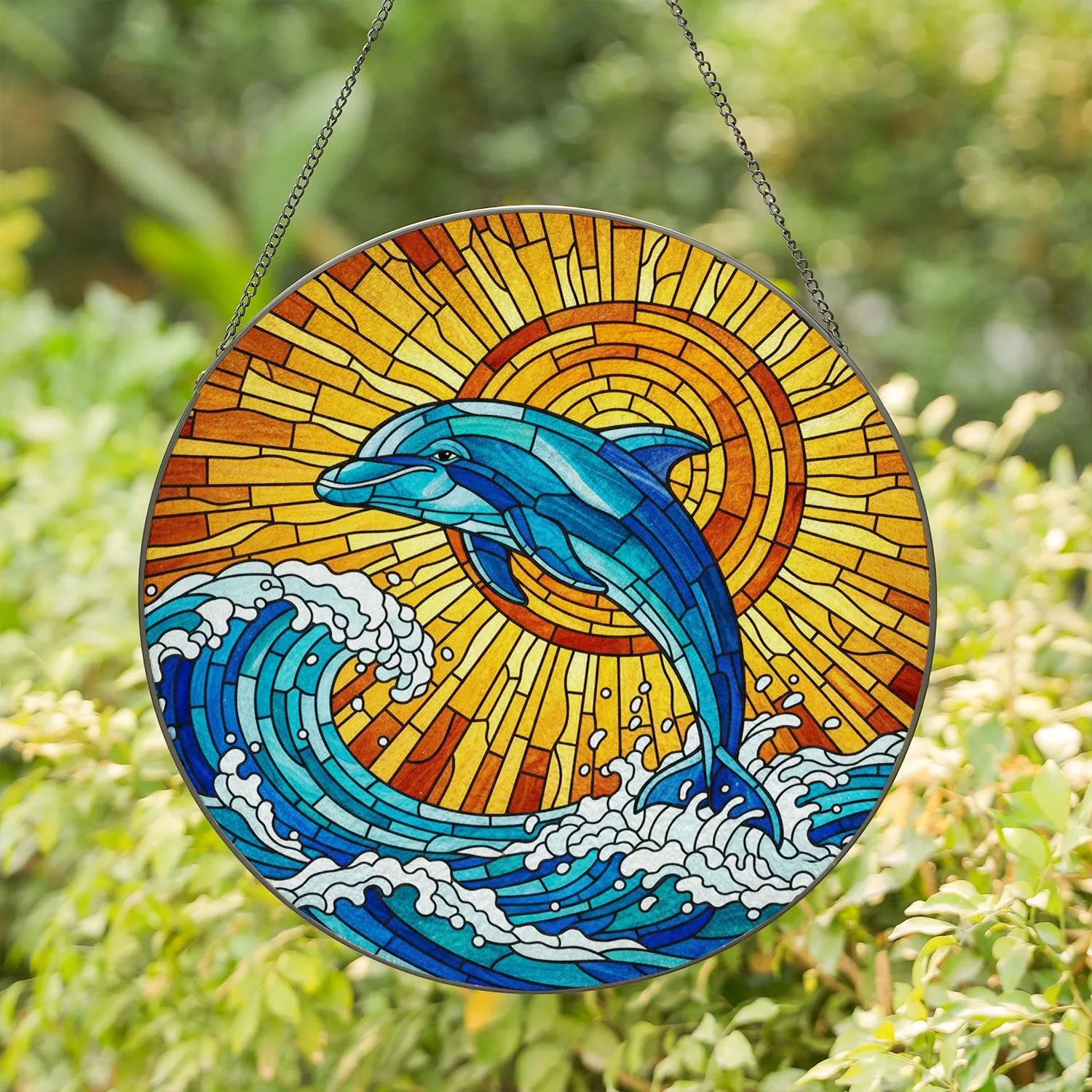Dolphin Leaping Ocean Waves Radiant Sun Mosaic Intricate Tiffany Style Jewel Tones Stained Glass Suncatcher - 1