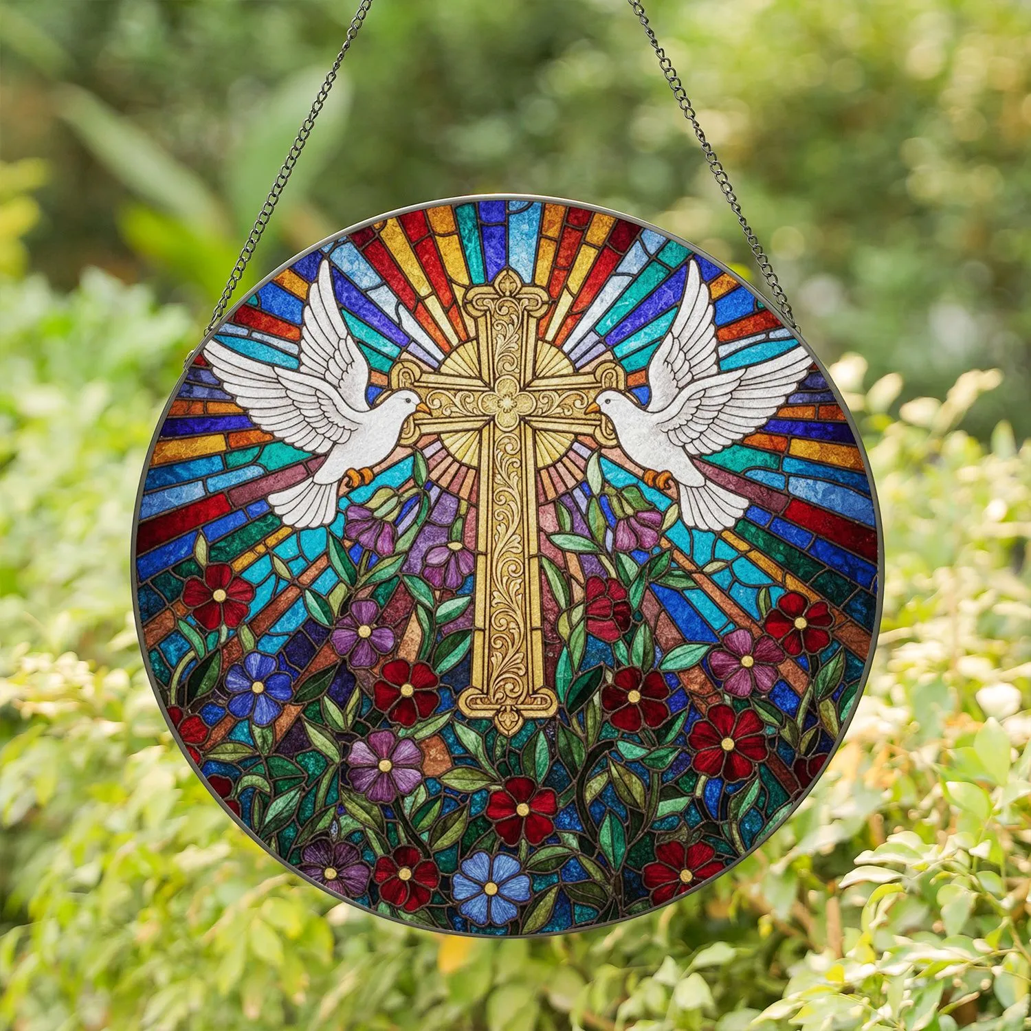 Stained Glass Golden Cross White Doves & Floral Mosaic - Crimson Purple Teal Jewel Tones Stained Glass Suncatcher - 1