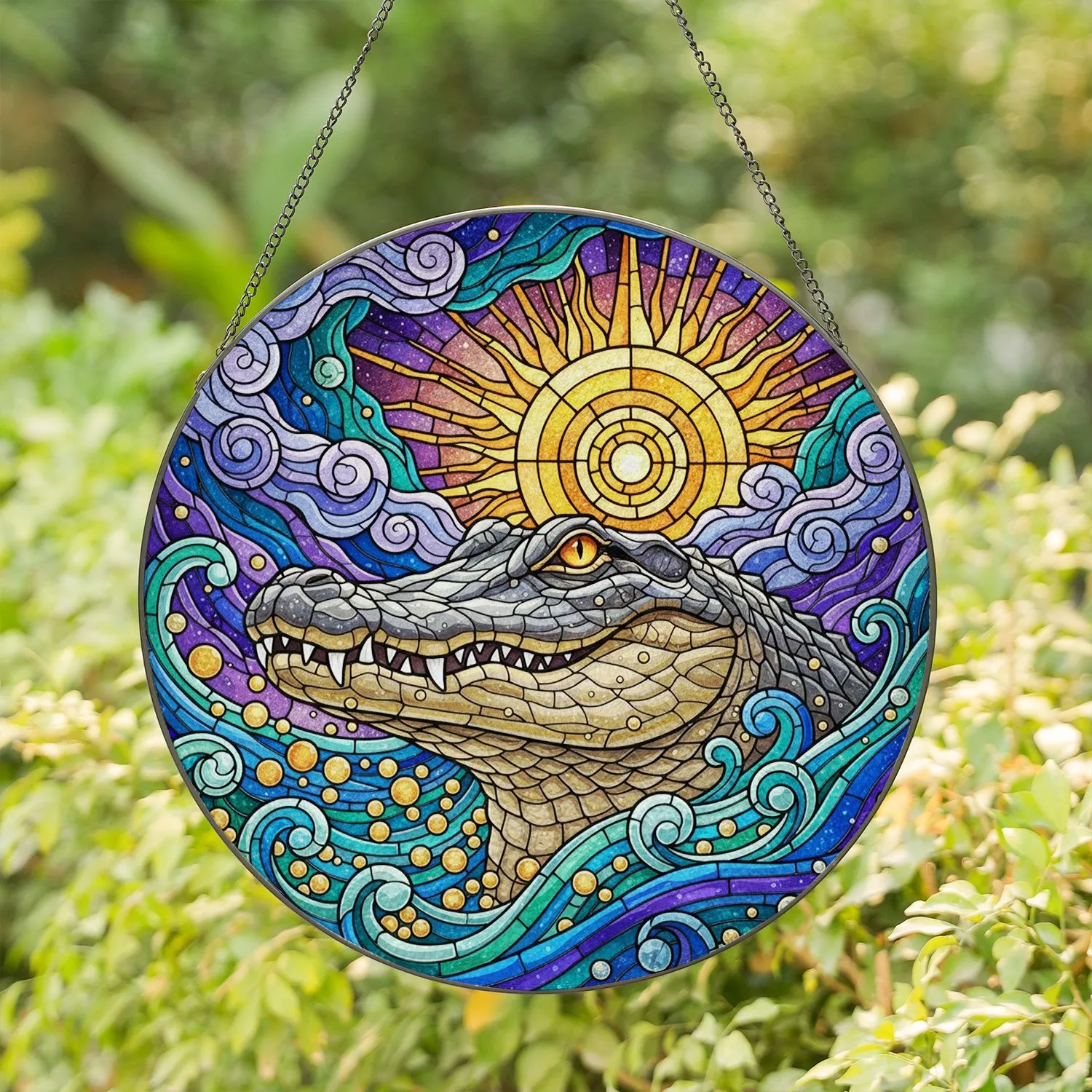 Alligator Crocodile Headshot Stained Glass Sun Moon Cosmic Water Tiffany Glass Art Stained Glass Suncatcher - 1