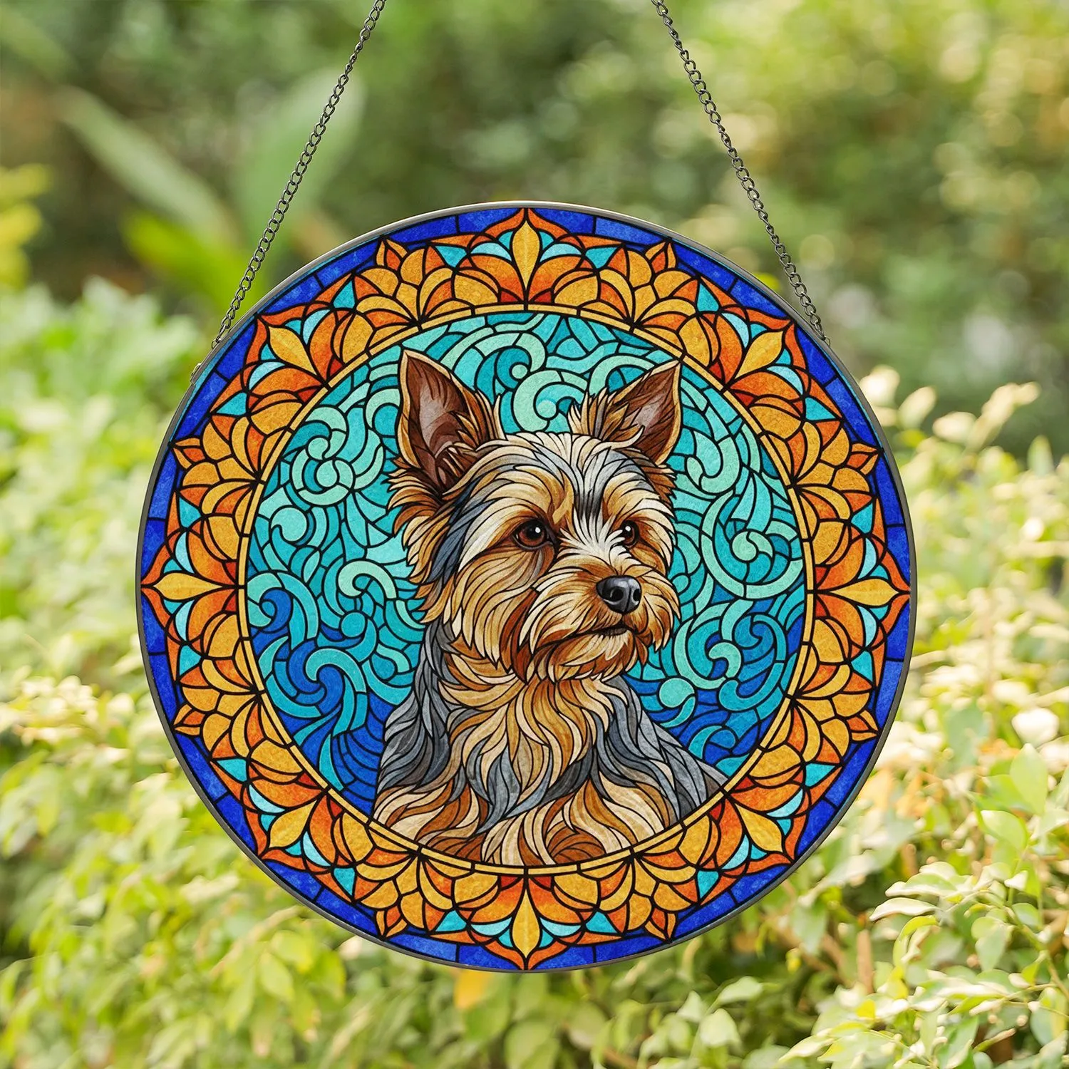 Yorkshire Terrier Stained Glass Portrait - Tiffany Style Dog Art Floral Mosaic Decor Stained Glass Suncatcher - 1