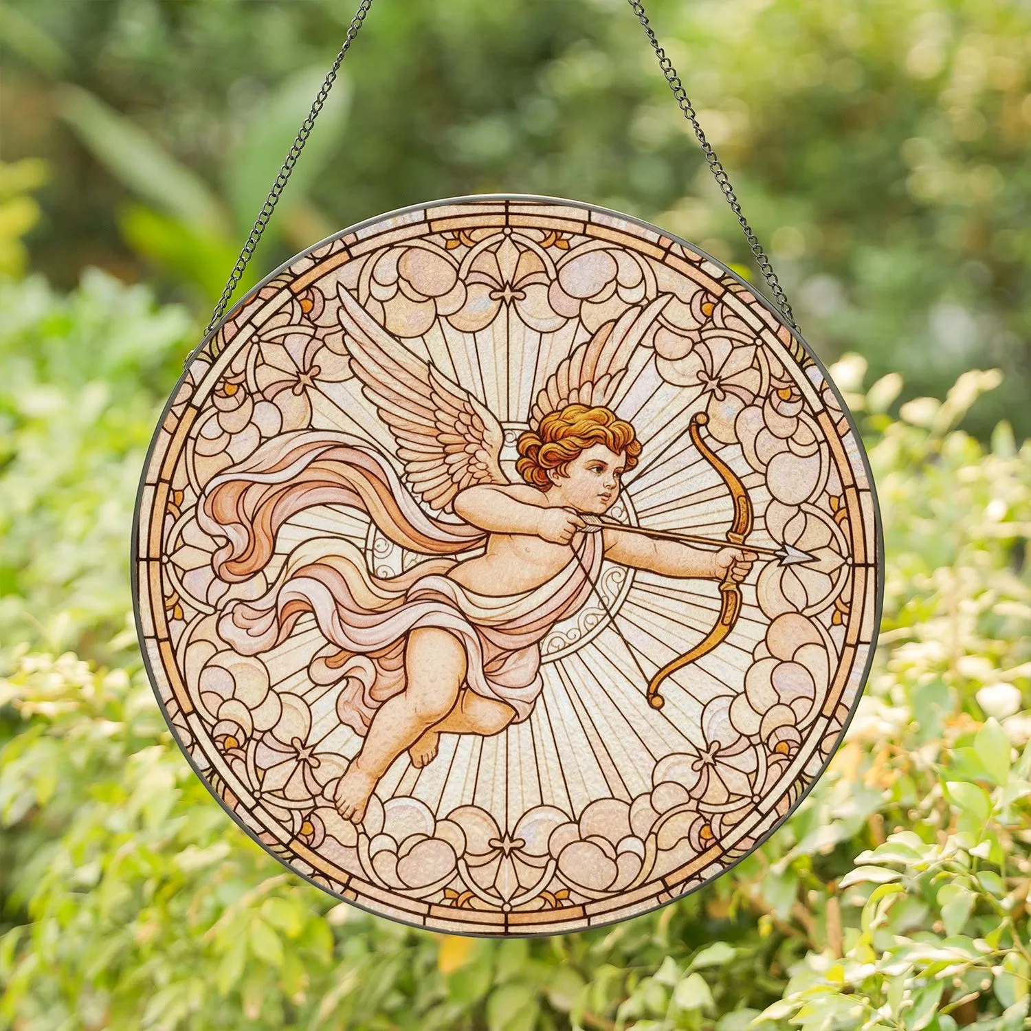 Cupid Bow Arrow Winged Stained Glass - Tiffany Style Mosaic Cloud Floral Gift Stained Glass Suncatcher - 1
