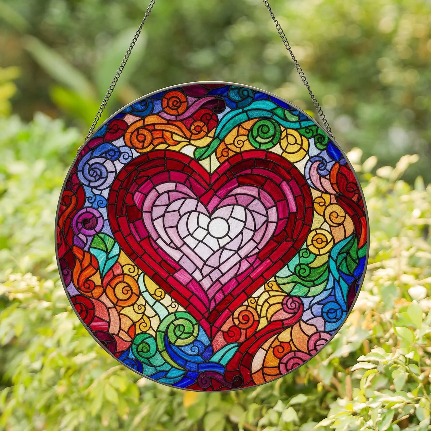 Stained Glass Heart Mosaic - Tiffany Style Jewel Tones Red Magenta Pink Lavender White Stained Glass Suncatcher - 1