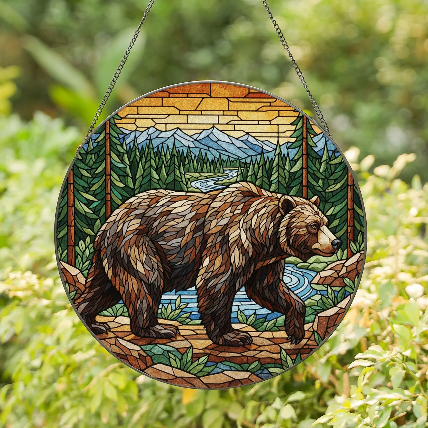 Majestic Grizzly Bear Stained Glass Tiffany Art - Mountain River Pine Forest Stained Glass Suncatcher - 1