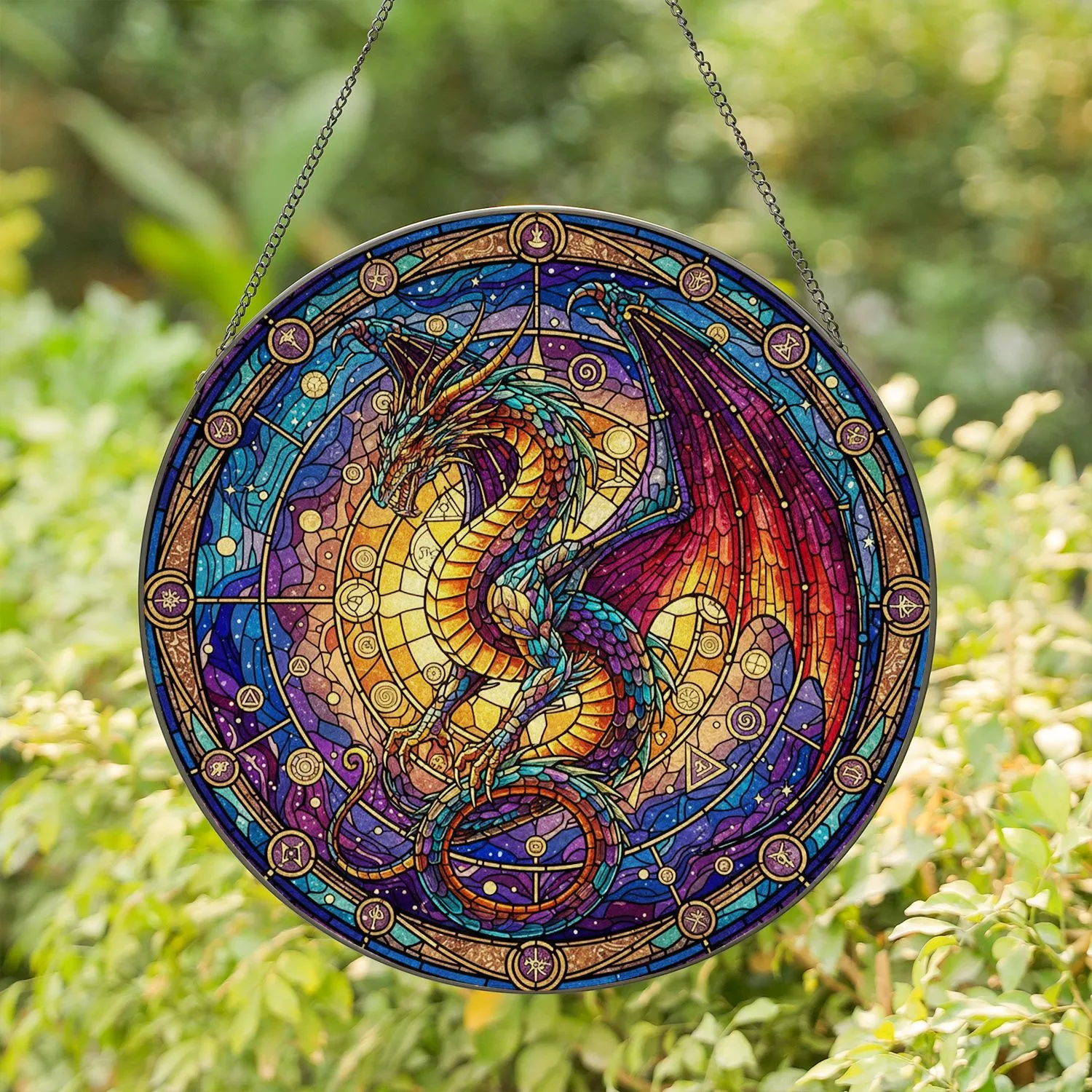 Tiffany Glass Fantasy Dragon Celestial Sky Arcane Symbols Translucent Jewel Tones Stained Glass Suncatcher - 1