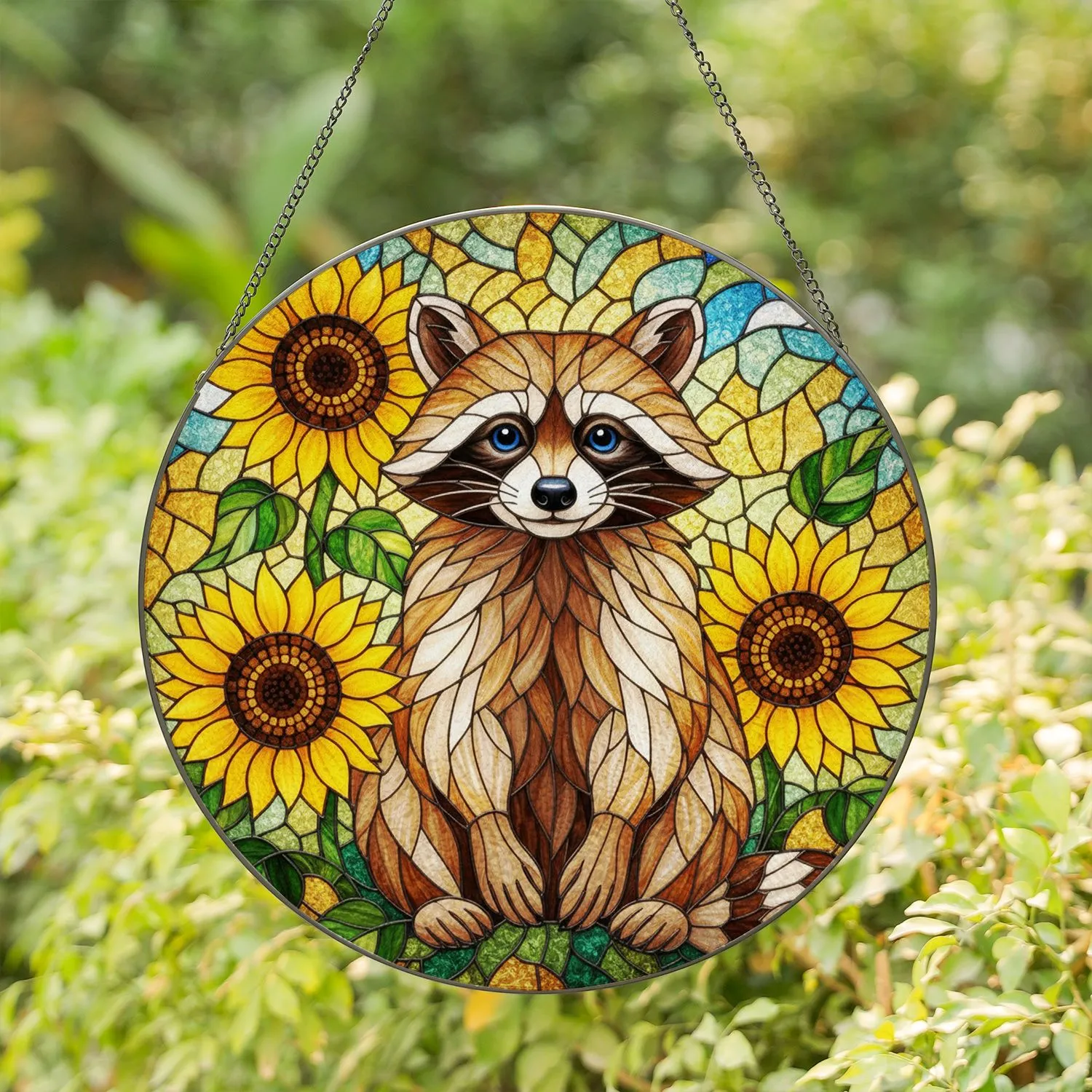 Raccoon Sunflowers Tiffany Stained Glass - Dappled Light Organic Mosaic Home Decor Stained Glass Suncatcher - 1