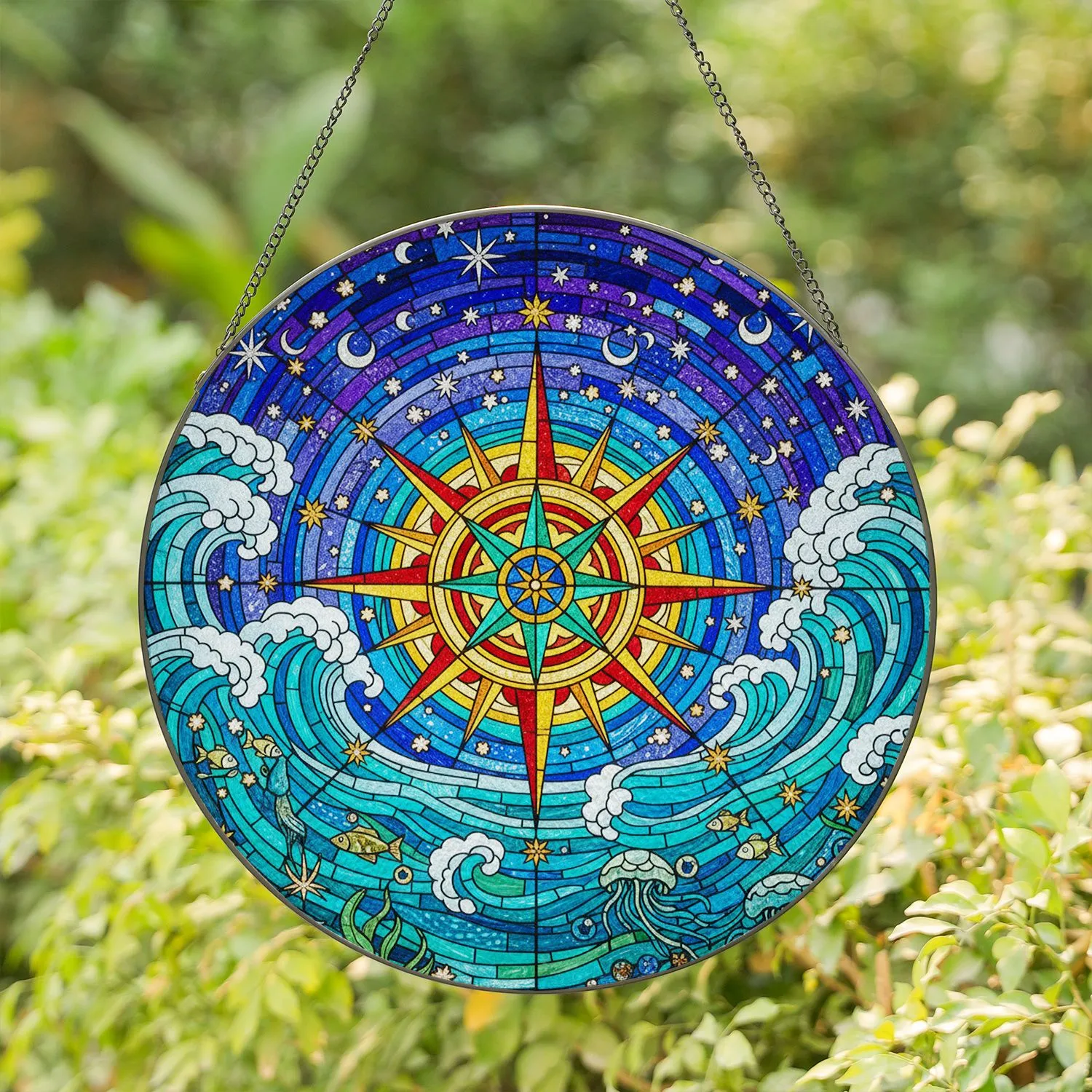 Nautical Compass Rose Stained Glass Ocean Waves Art - Starry Night Sky Deep Ocean Decor Gift Stained Glass Suncatcher - 1