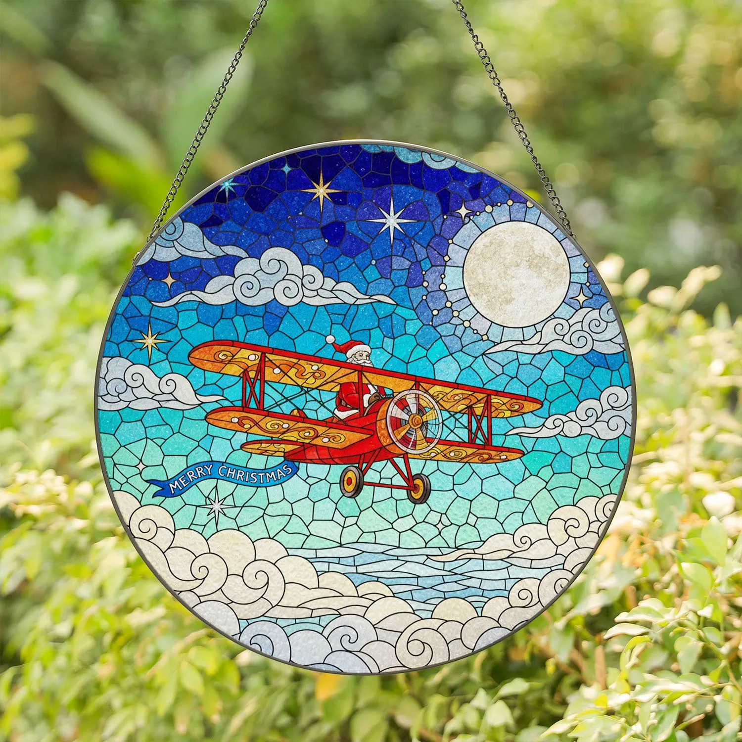 Santa Claus Biplane Tiffany Glass - Christmas Night Sky Full Moon Stars Holiday Gift Stained Glass Suncatcher - 1