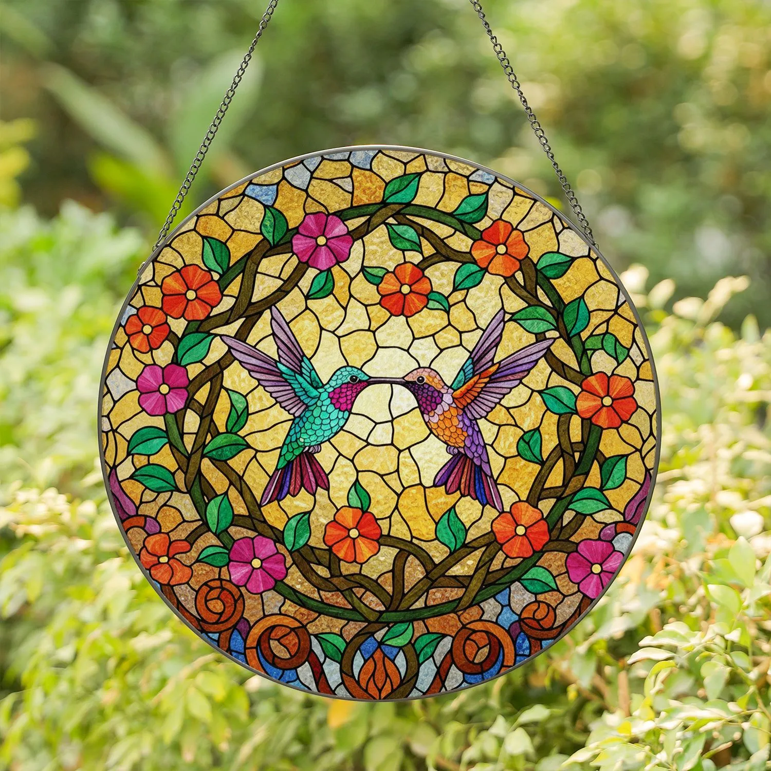 Tiffany Style Stained Glass Hummingbirds Vines Flowers - Dappled Sunlight Mosaic Art Stained Glass Suncatcher - 1