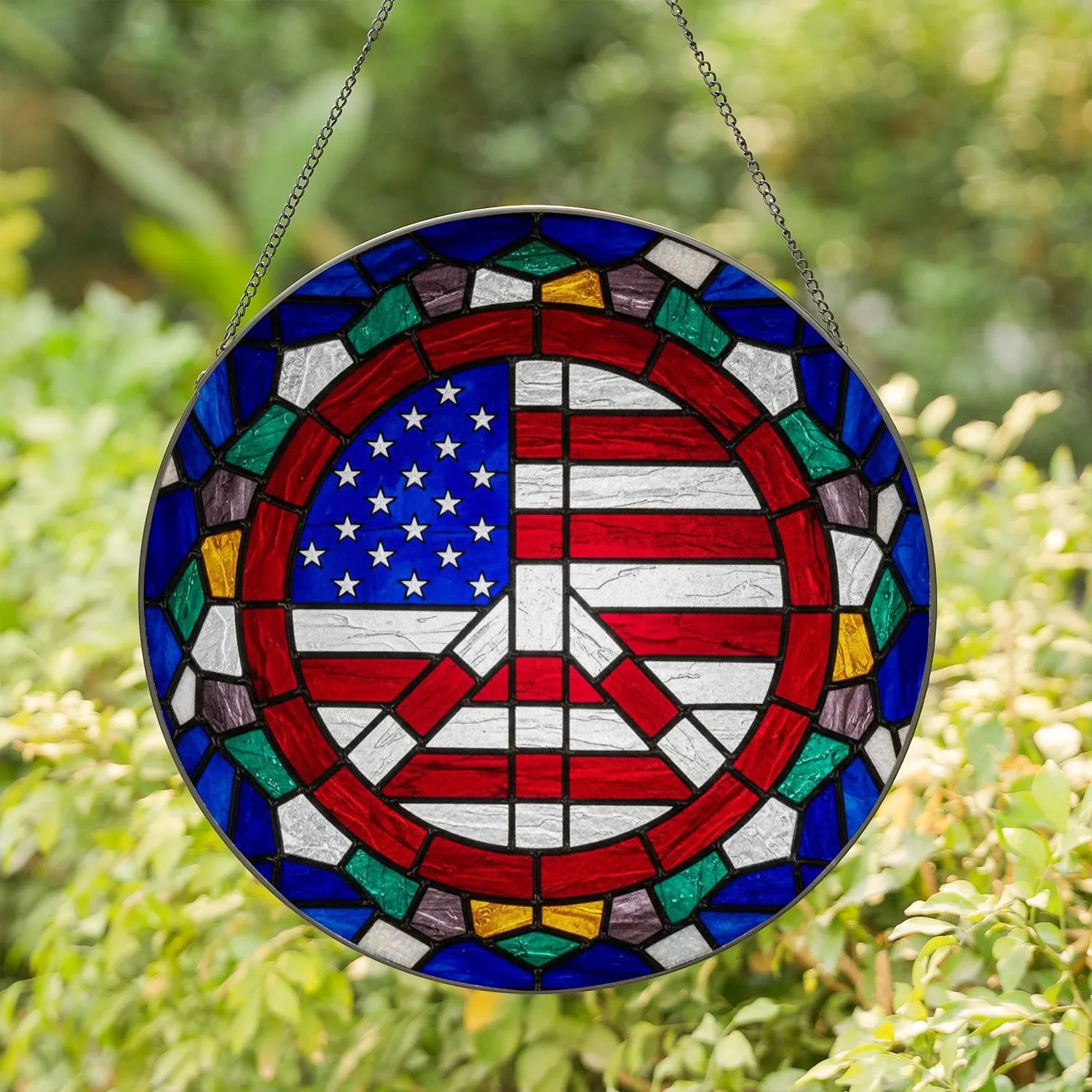 Stained Glass Mosaic Peace Sign American Flag - Highly Detailed Patriotic USA Home Art Stained Glass Suncatcher - 1