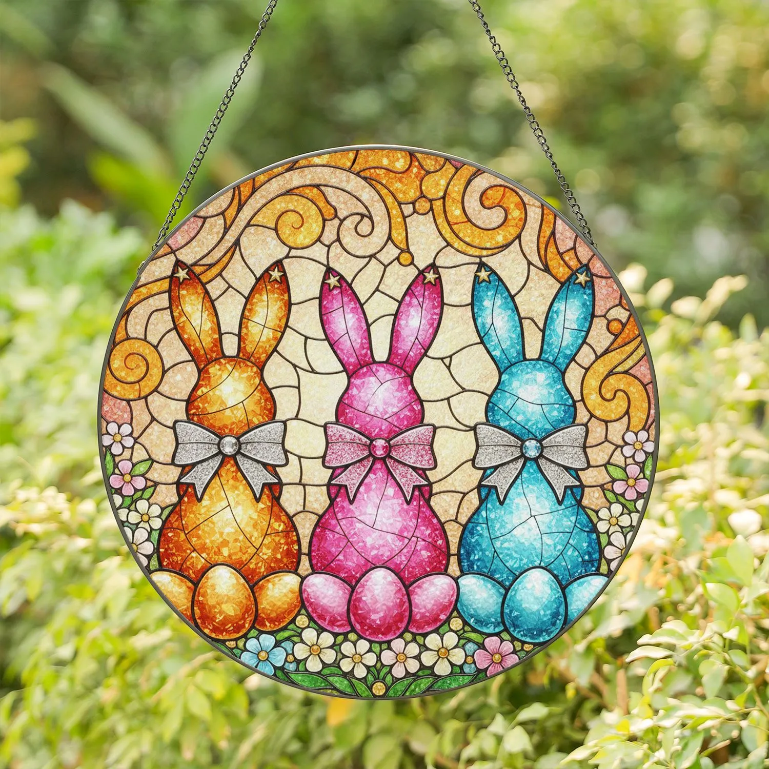 Three Easter Bunnies Stained Glass Mosaic Iridescent Spring Garden Easter Decor Gift Stained Glass Suncatcher - 1