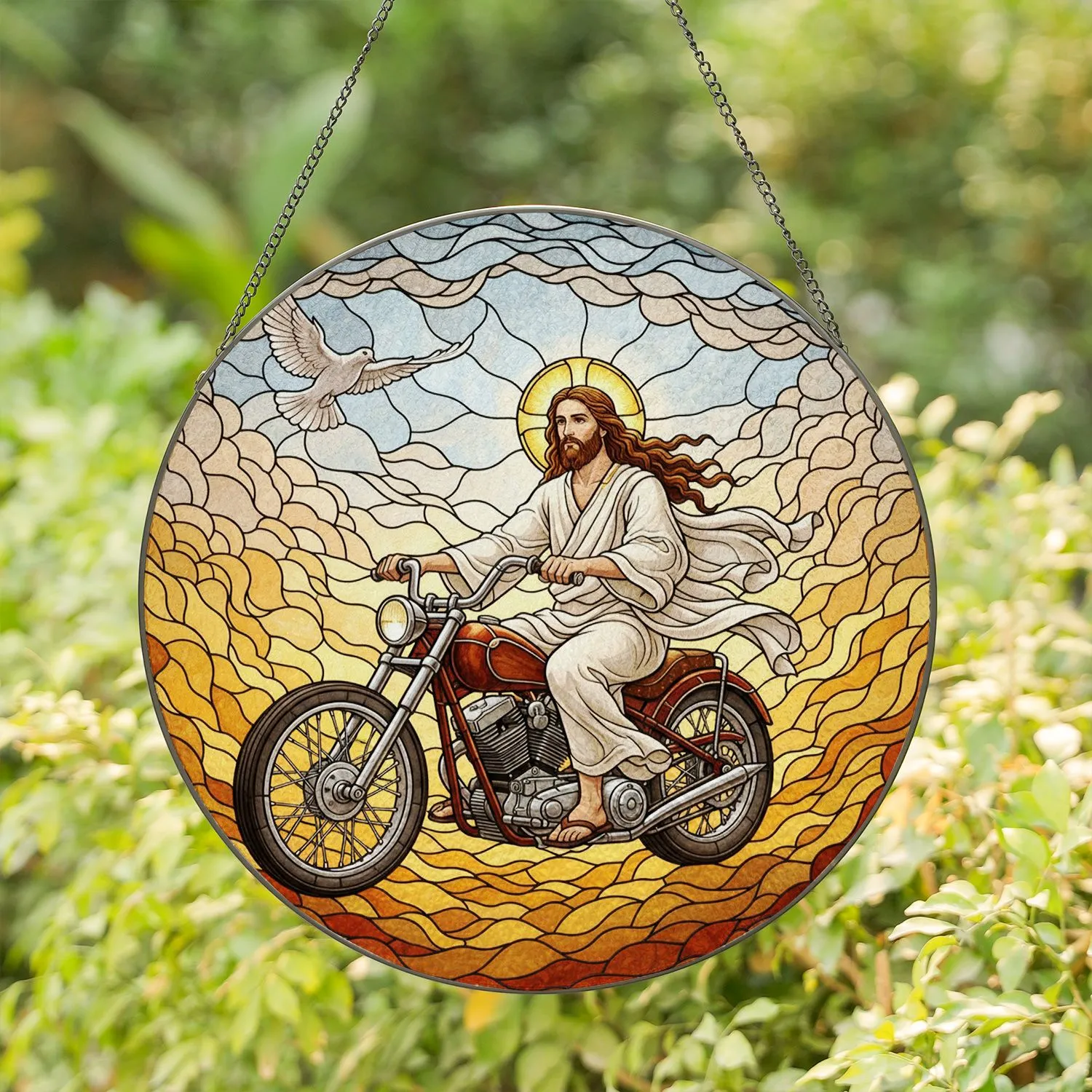 Jesus Christ Riding Chopper Motorcycle Stained Glass - Divine Celestial Home Decor Gift Stained Glass Suncatcher - 1