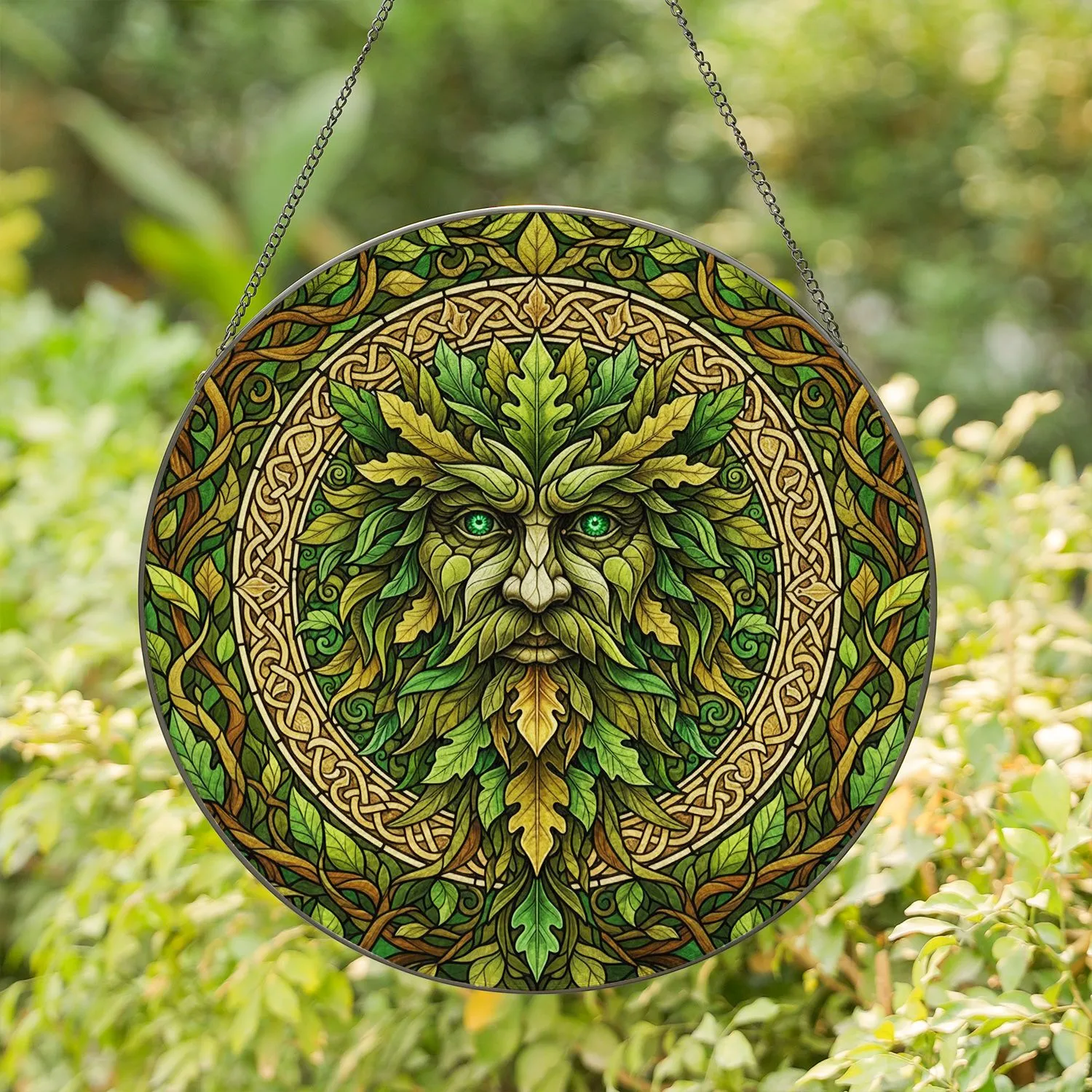 Green Man Stained Glass Tiffany Style - Celtic Knotwork Leaf Mosaic Nature Decor Stained Glass Suncatcher - 1