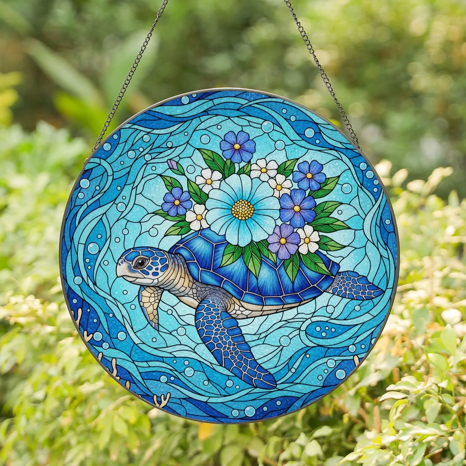 Tiffany Style Stained Glass Sea Turtle Ocean Coral Flowers Intricate Blue Water Patterns Stained Glass Suncatcher - 1