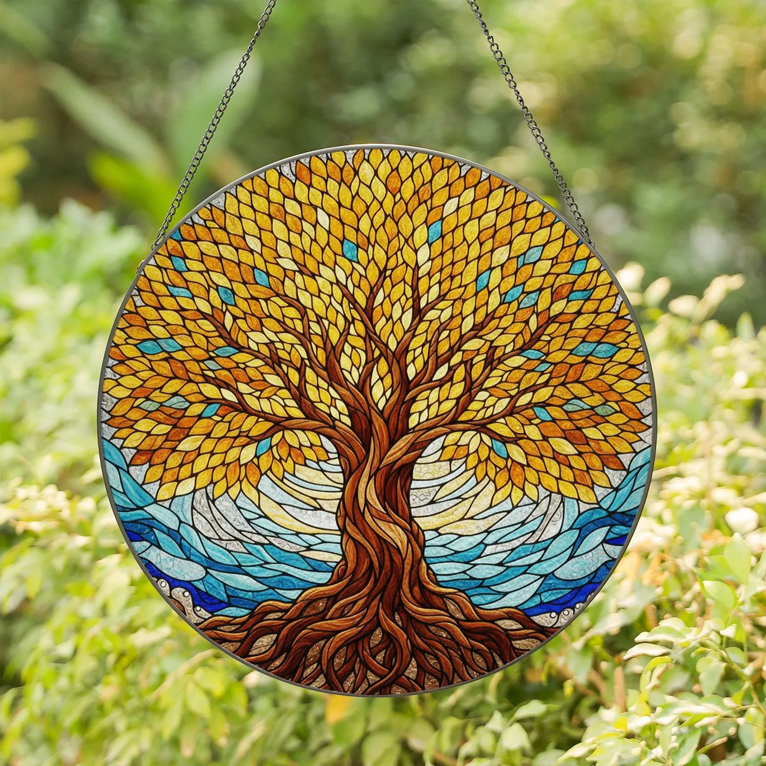 Tiffany Style Stained Glass Tree of Life Art Gnarled Roots & Vibrant Jewel Tones Stained Glass Suncatcher - 1