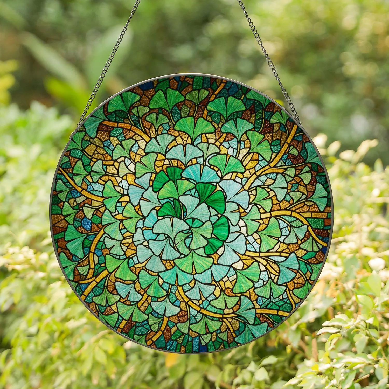 Detailed Stained Glass Ginkgo Leaves Mosaic - Tiffany Style Intricate Jewel Tone Art Stained Glass Suncatcher - 1