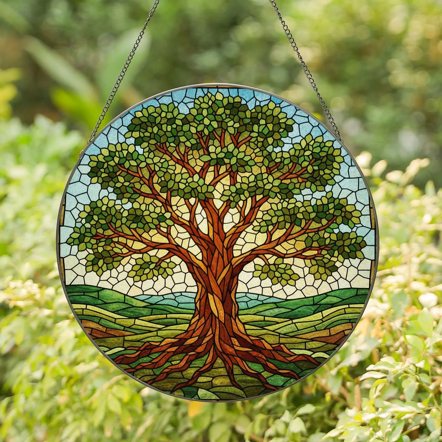 Majestic Gnarled Oak Tree Stained Glass - Rolling Hills Sky Tiffany Style Nature Artwork Stained Glass Suncatcher - 1